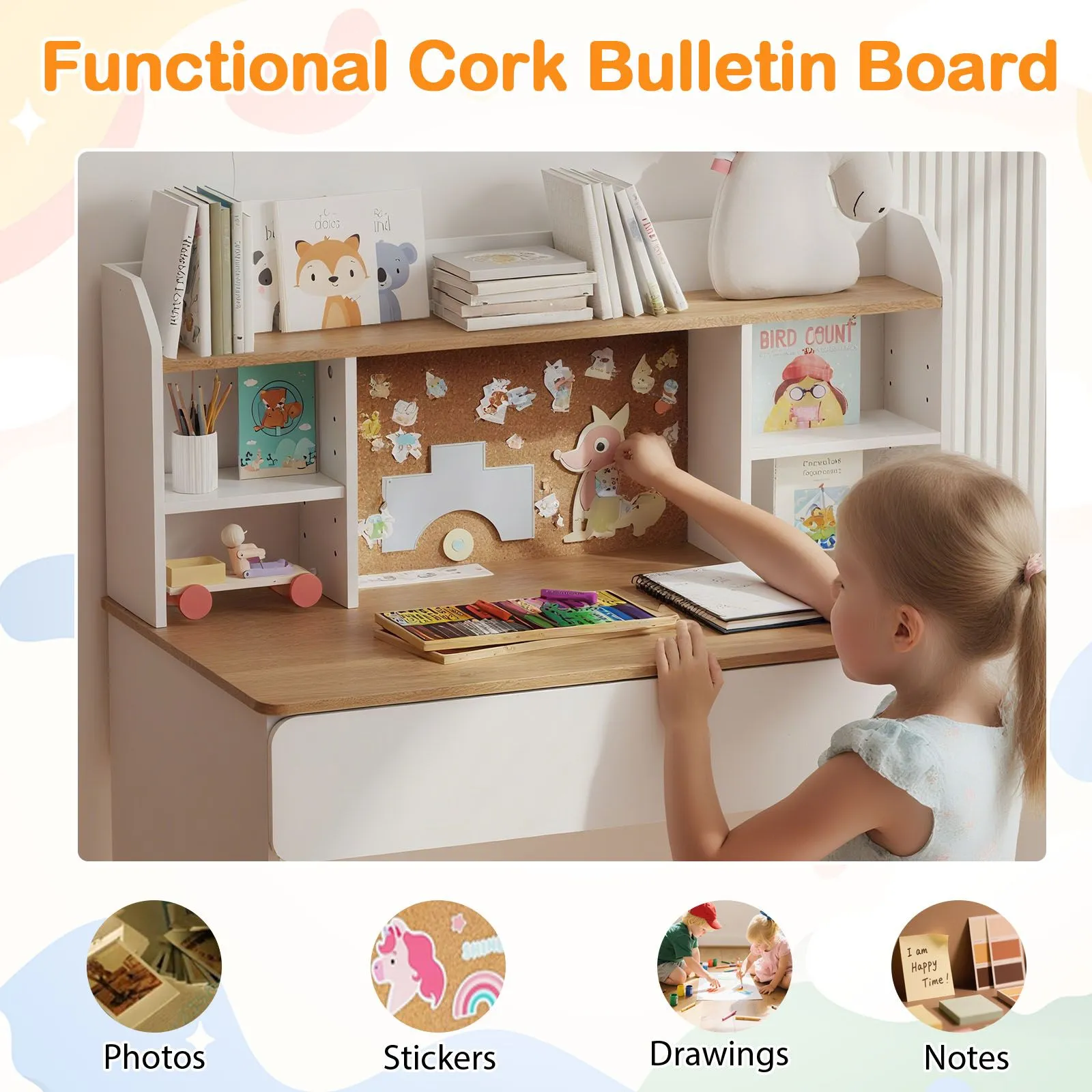 Costway Study Desk Student Writing Table w/ Cork Bulletin Board in White 5