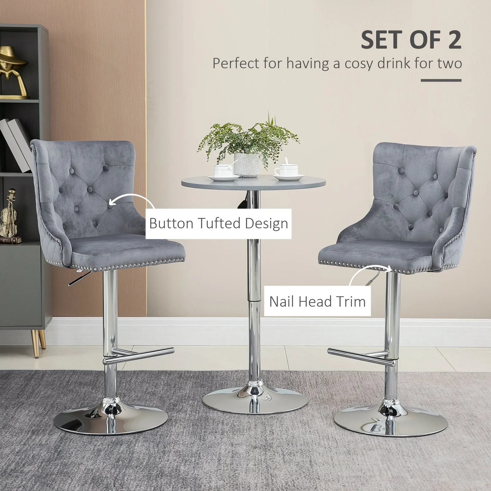 HOMCOM Bar Stools Set of 2, Swivel Velvet Barstools with Footrest, Grey 4