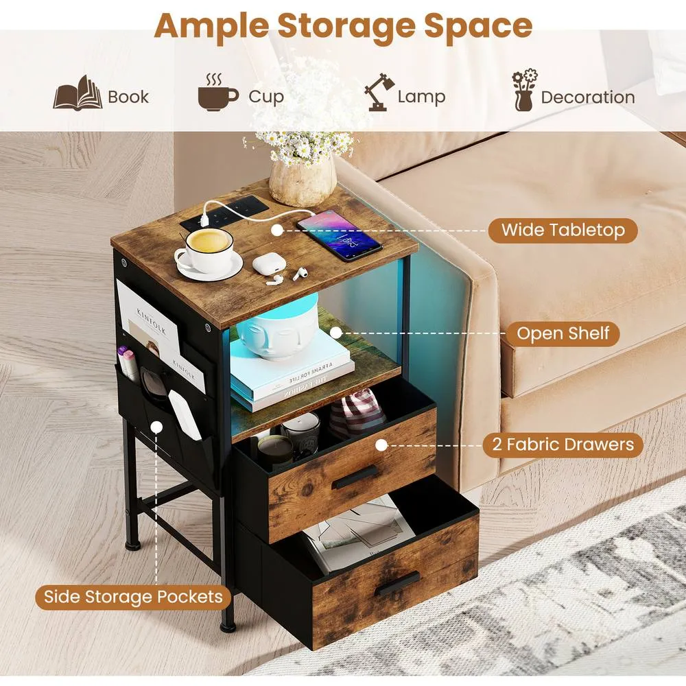 Costway 2 Pcs Bedroom Nightstand End Table with Charging Station-Brown in Brown 5