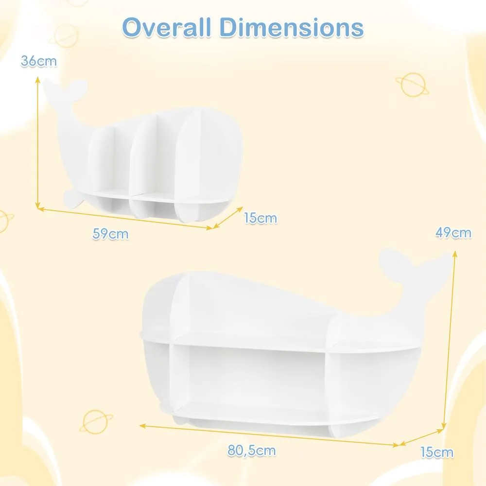 Costway 2PCS Whale Floating Shelves Wall Mounted Storage Display Rack in White 2