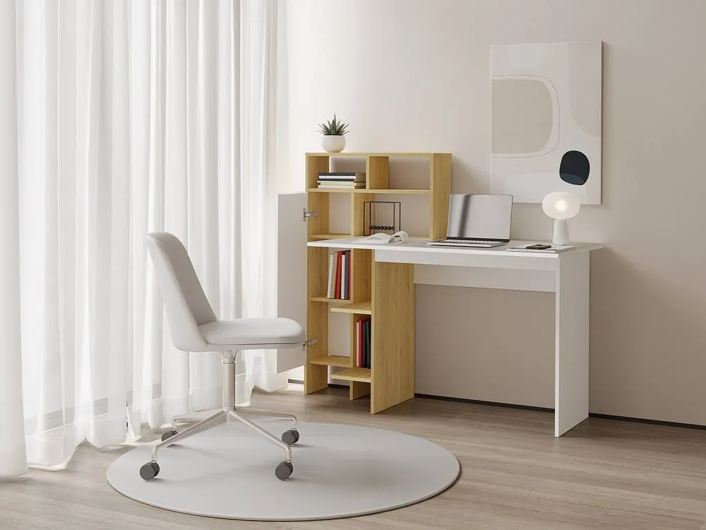 Vente-unique Desk With 1 Cupboard & 4 Open Compartments - White & Natural in Light Oak 4