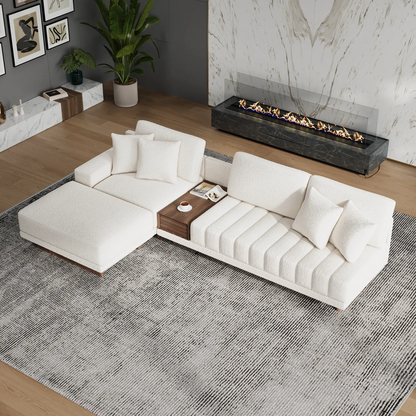 Vewal 126-inch L-Shaped Boucle Modular Sectional Sofa with Chaise & Ottoman