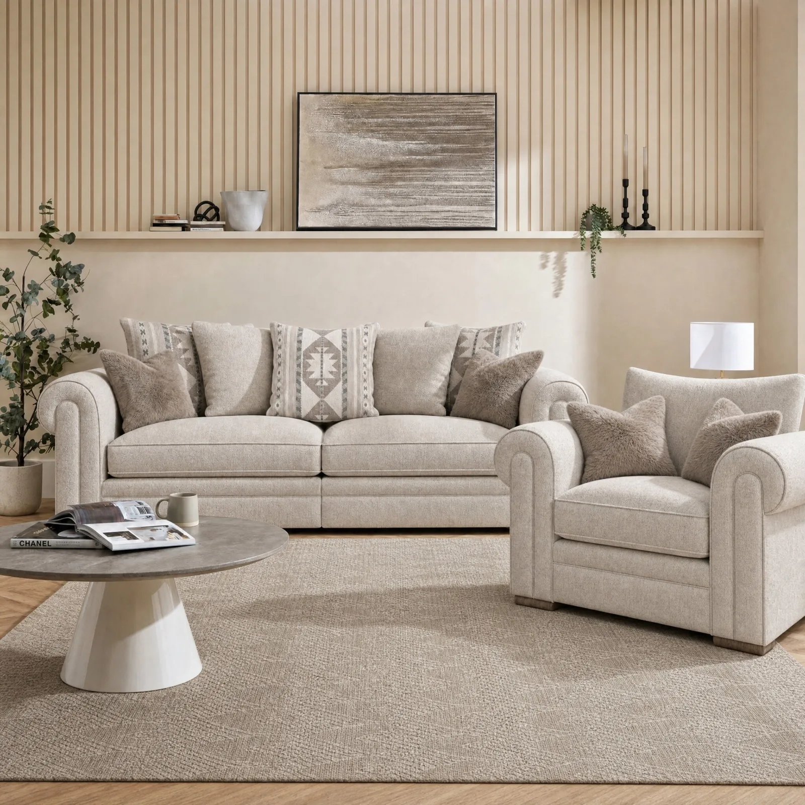 Beaumont Snuggler-Tyne Natural. 2 Scats Vanc Mink Armchair, Neutral Fabric | Barker & Stonehouse 2