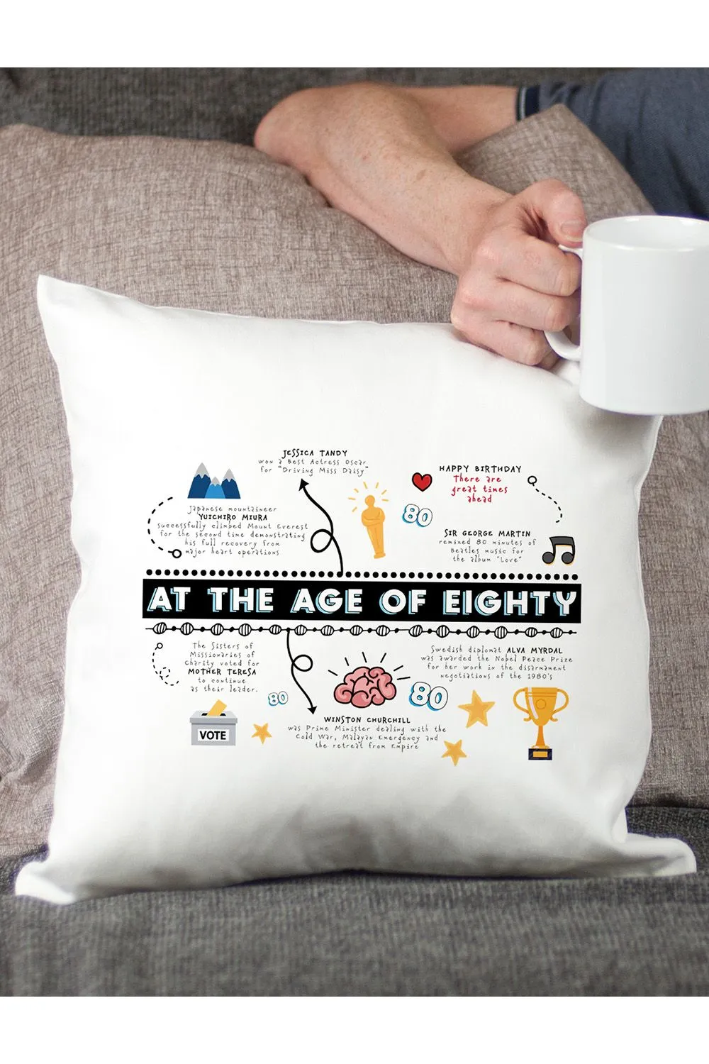 Afewhometruths 80th Birthday Fun Facts Cushion Gift in Off-White