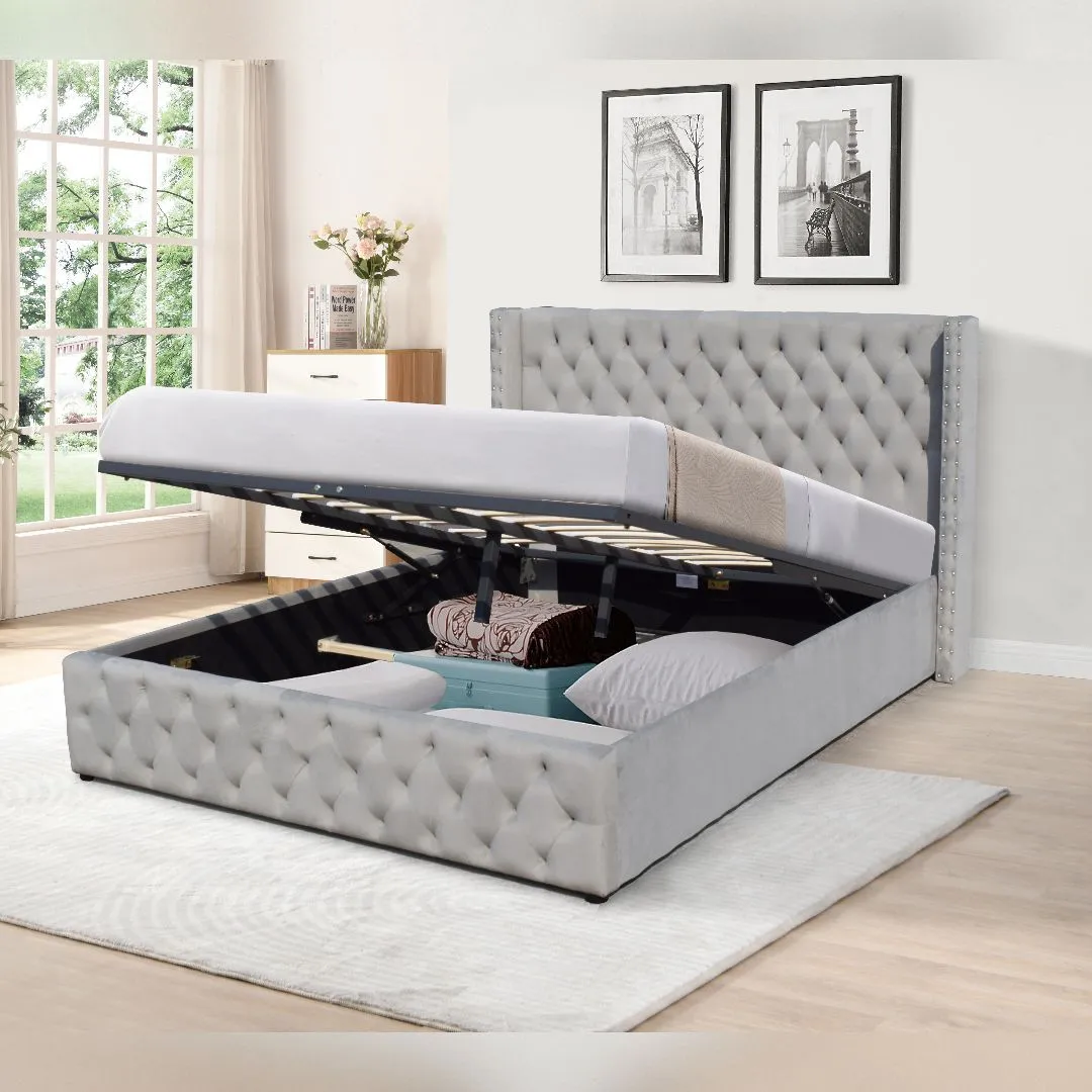 Comfy Living Ltd Winged Plush Velvet Fabric Ottoman Gas Lift Up Storage Bed Frame in Light Grey