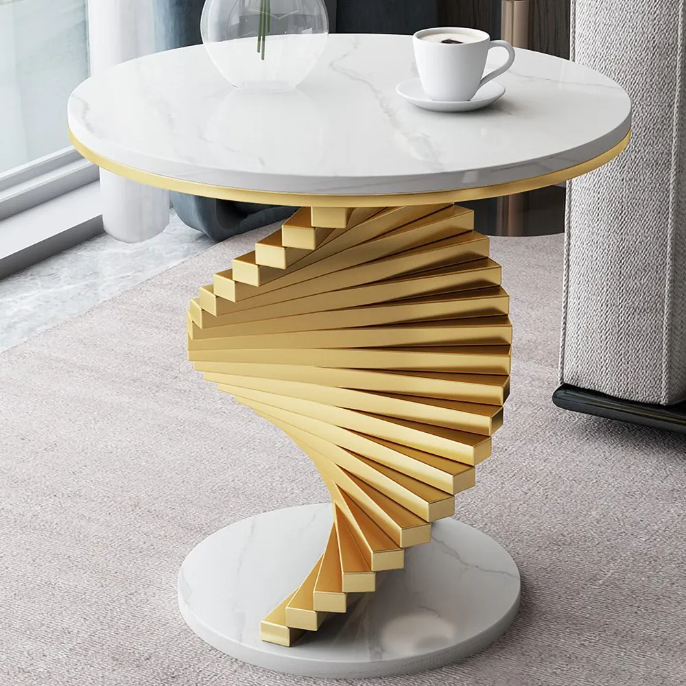 Round Faux Marble Tabletop Decorative Cocktail Table End Table with Metal Frame Modern White Side Table