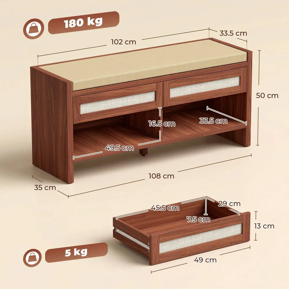 HOMCOM Shoe Bench with 2 Rattan Drawers Cushion Brown 3