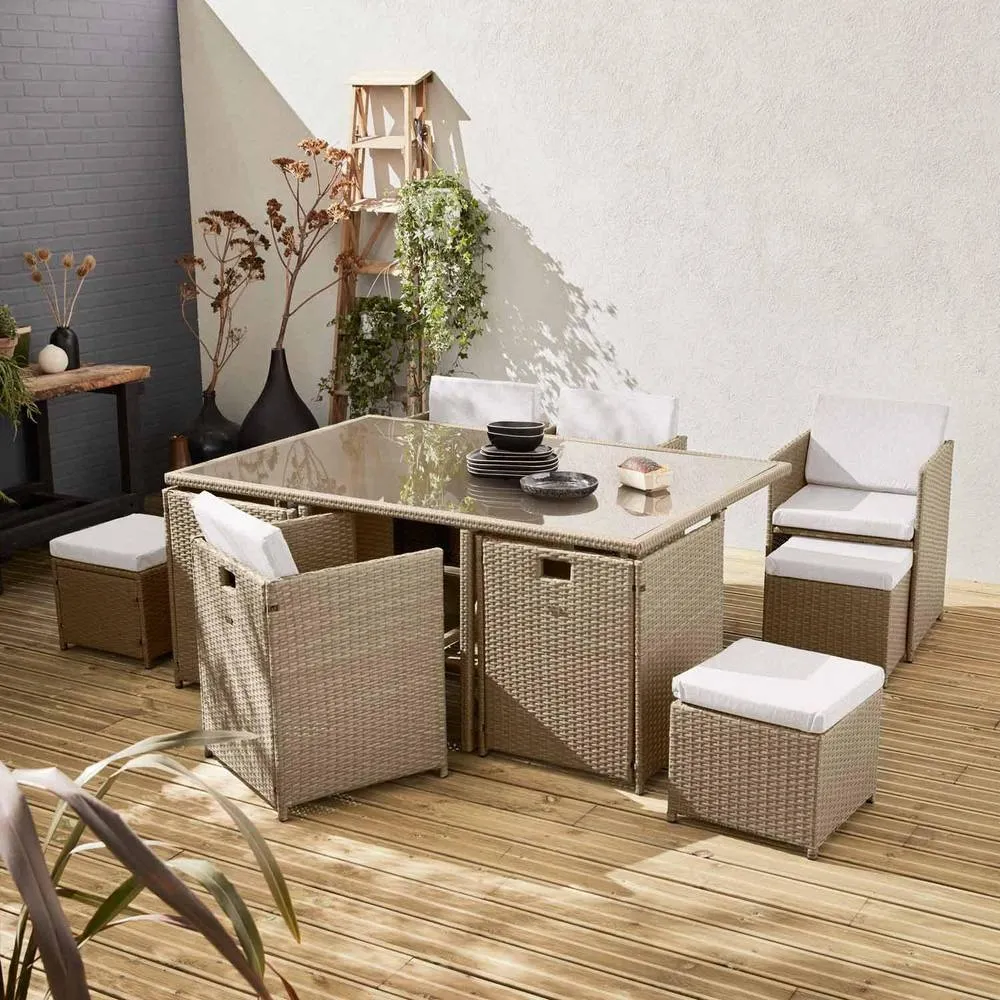 sweeek 6 To 10-seater Rattan Cube Table Set With Chairs in Beige