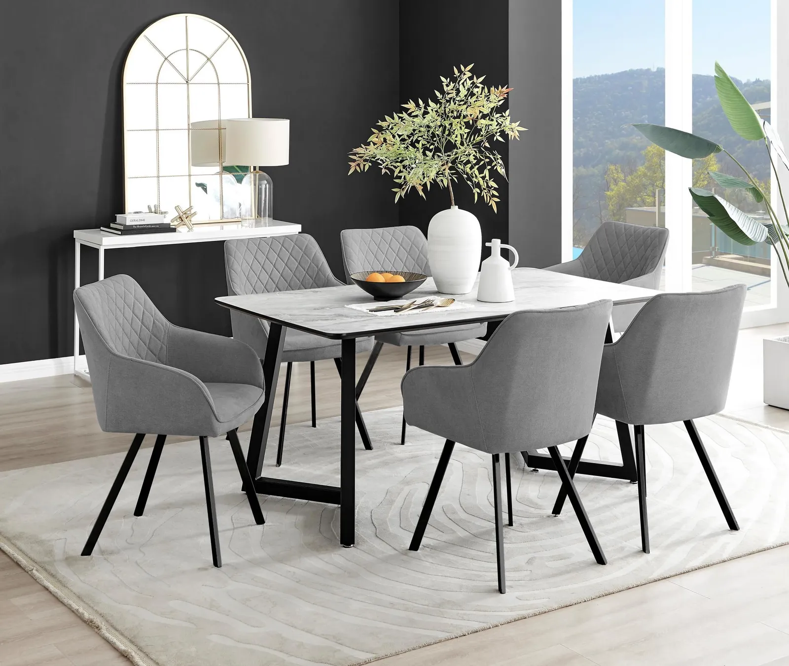 FurnitureboxUK Carson White Marble Effect Dining Table & 6 Falun Black Leg Chairs in Dark Grey