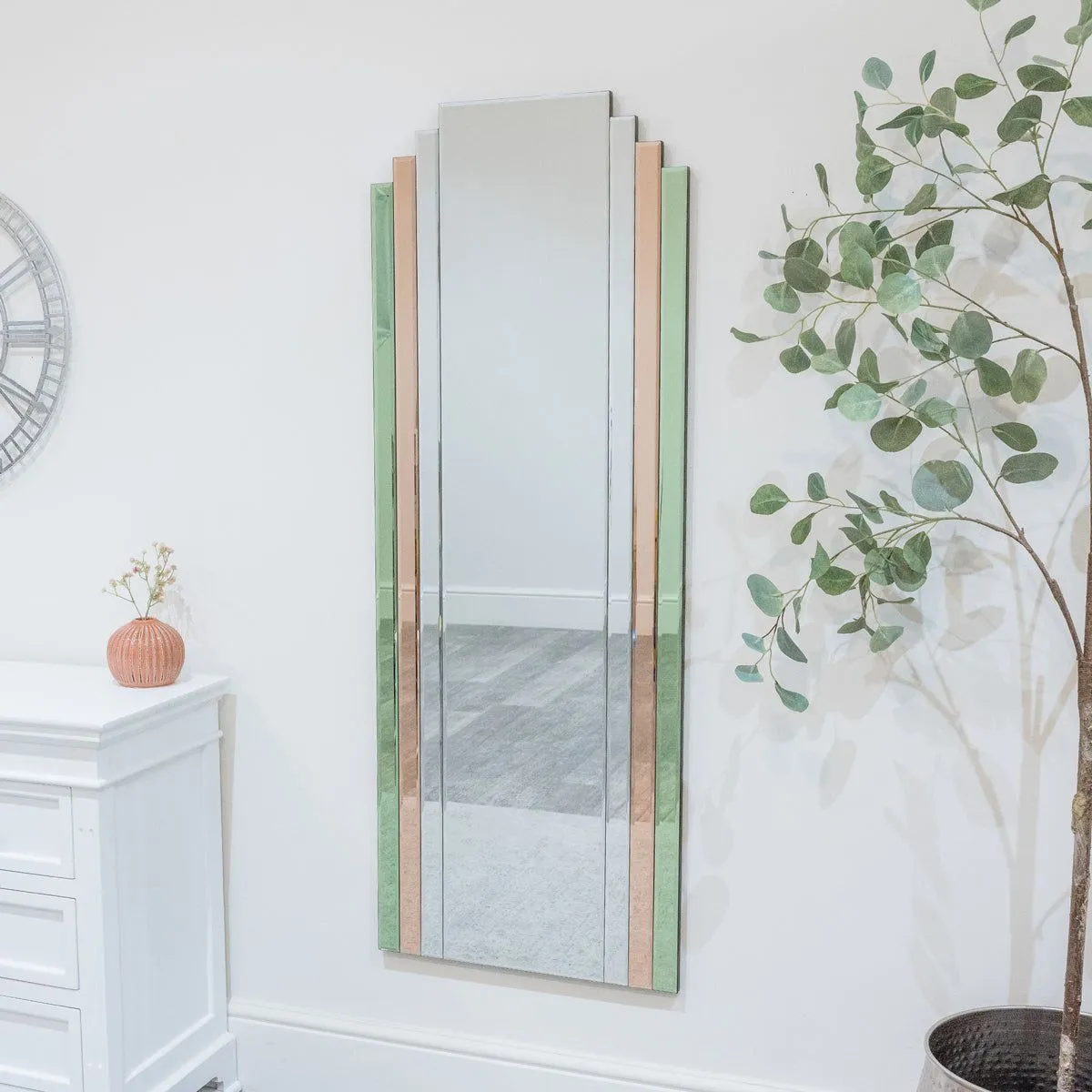 Melody Maison Large Frameless Pink & Green Glass Art Deco Wall Mirror 52cm X 142cm 2