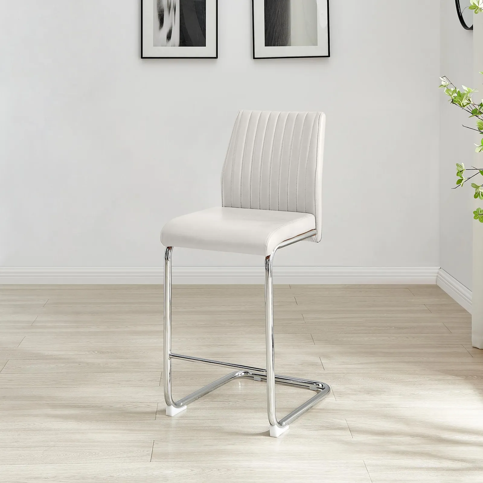 FurnitureboxUK Lorenzo 2x Faux Leather & Silver Counter Stools in Off-White 4