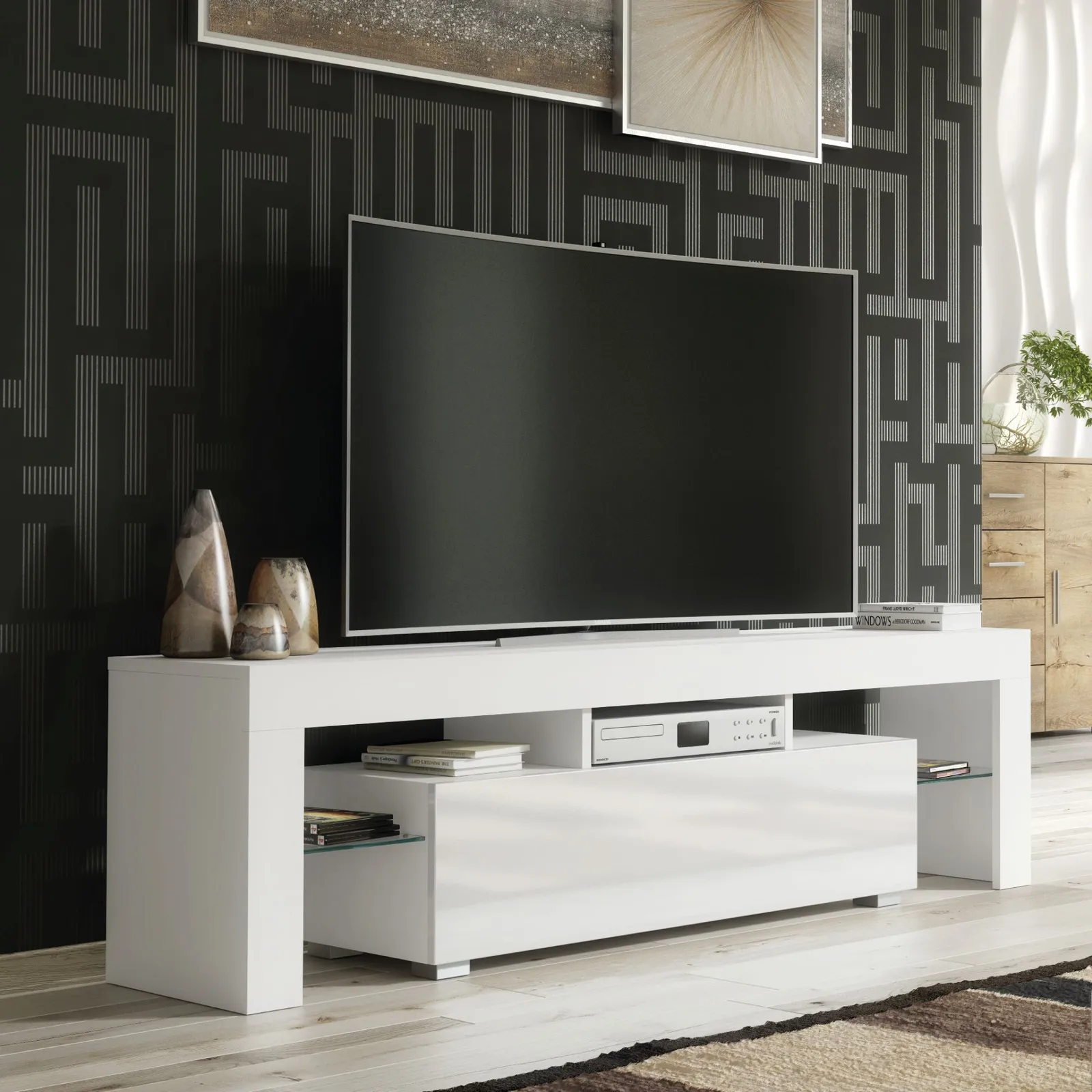 Creative Furniture TV Unit 160cm Stylish Modern - White with High Gloss Doors