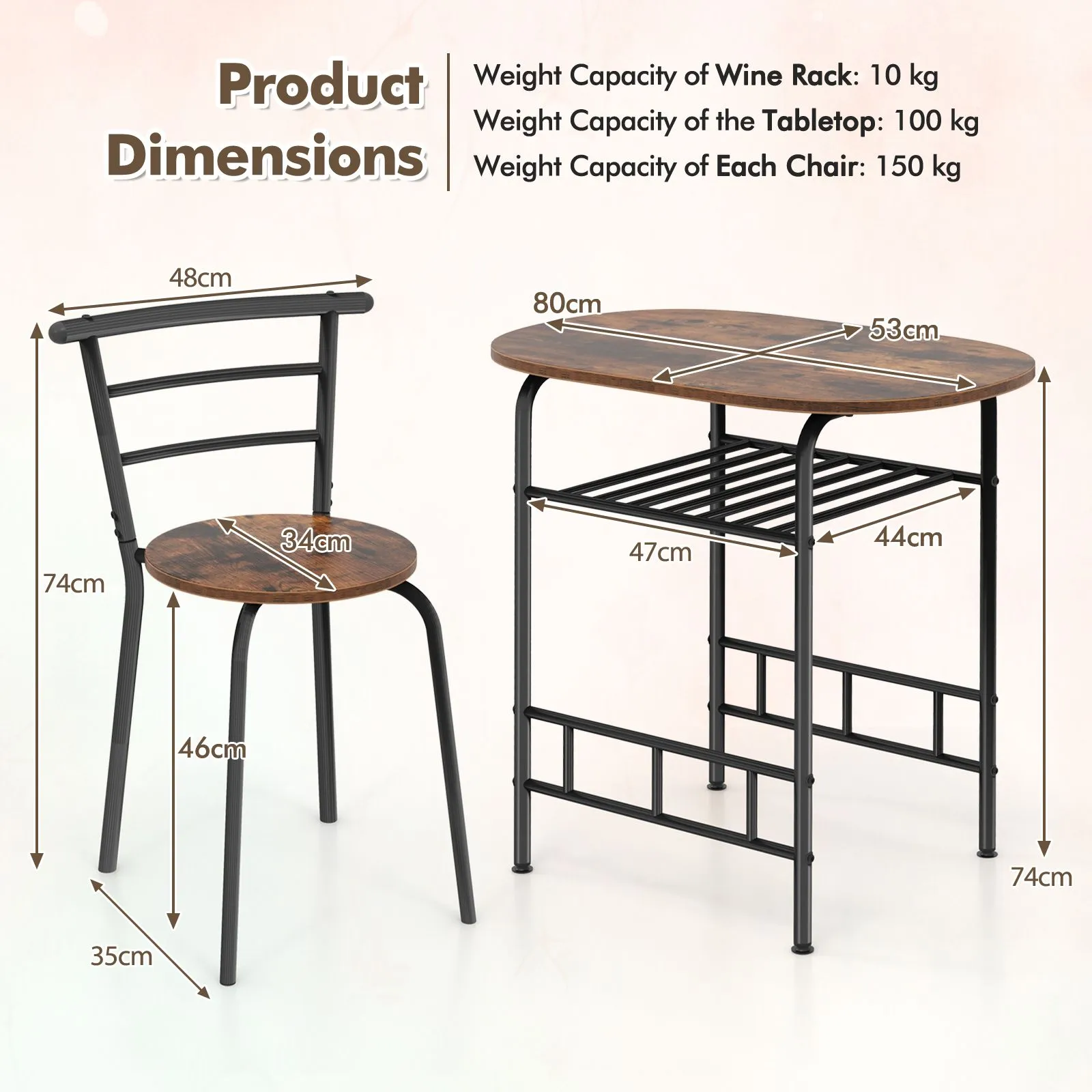 Costway 3-Piece Dining Table Set Kitchen Breakfast Nooks Table & Chairs in Brown 6