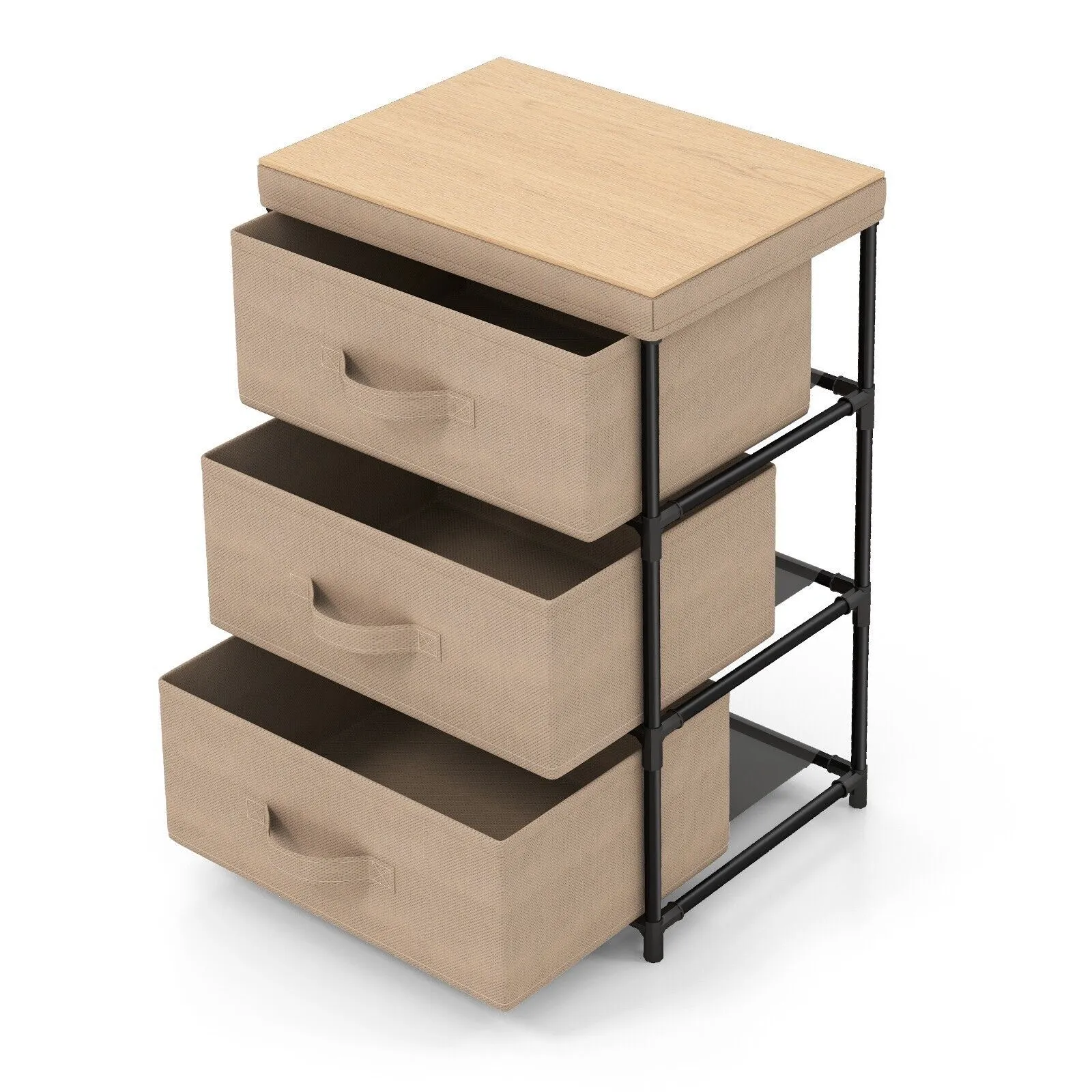 Costway 3 Chests of Drawers 3Tier Nightstand Organizer Fabric Dresser w/ Metal Frame in Brown 5