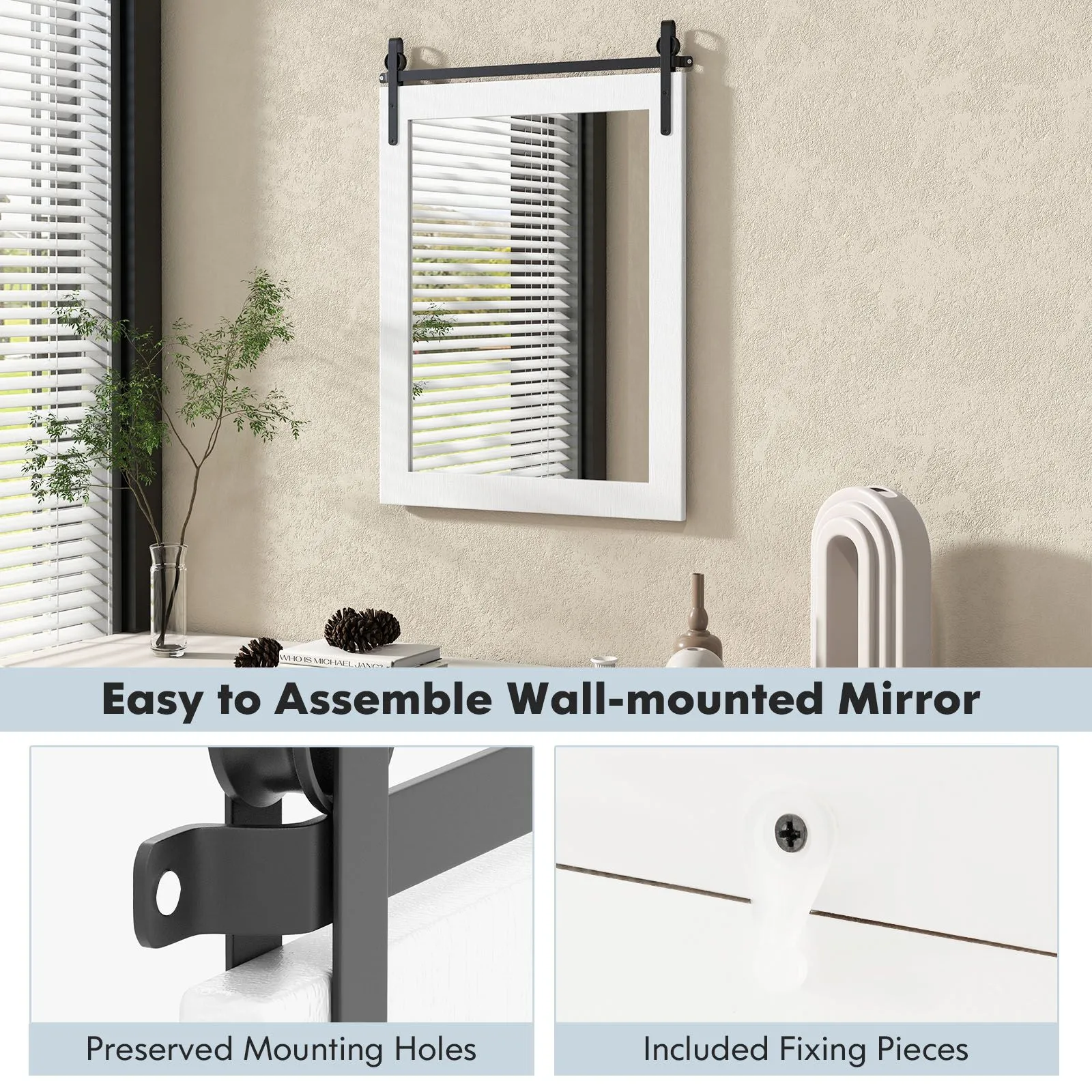 Costway Wall Mounted Mirror Vanity Make Up Farmhouse Wall Mirror in White 5