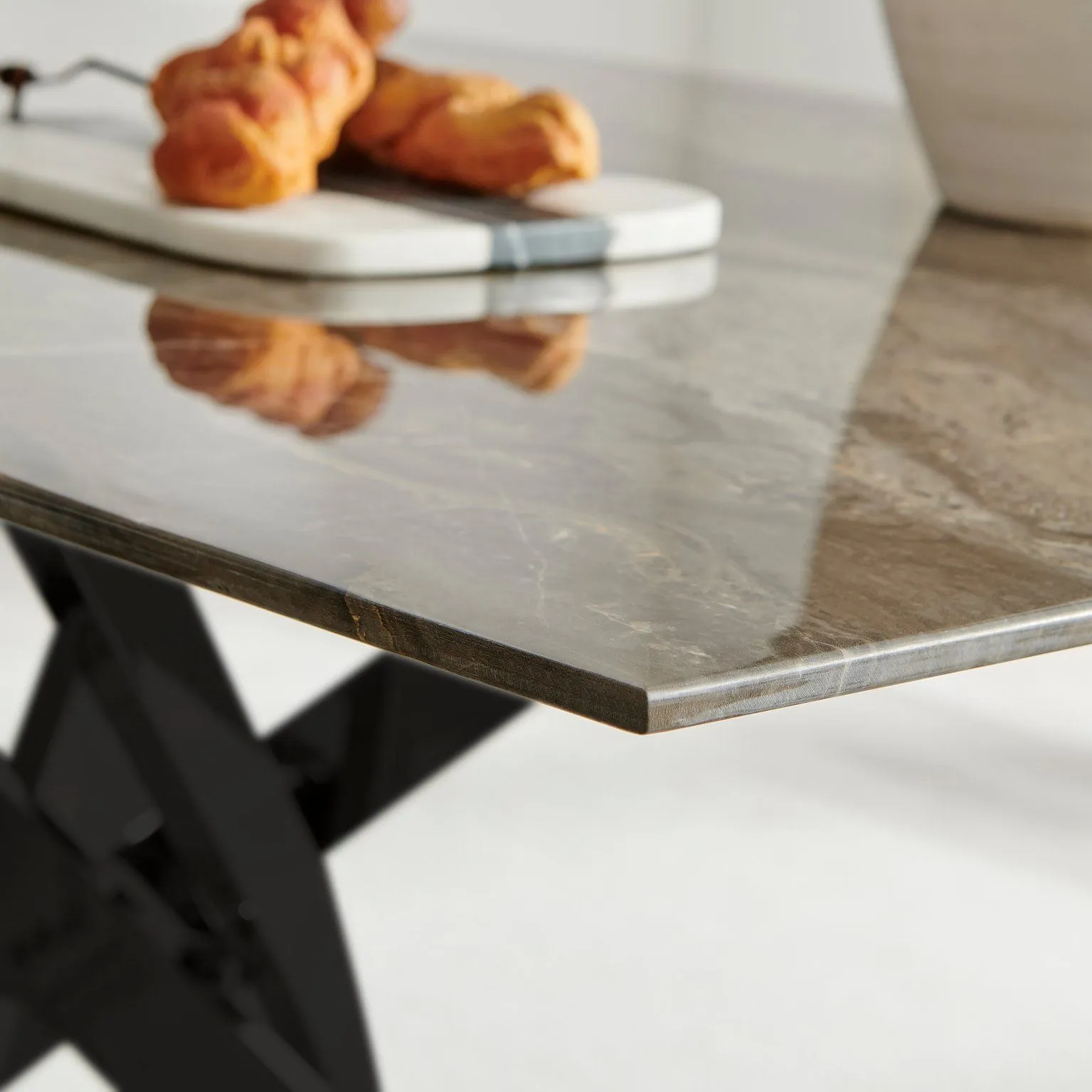 FurnitureboxUK Leonardo 6-Seater Dining Table With Marble Effect Glass Top & Black Metal Legs in Dark Brown 4