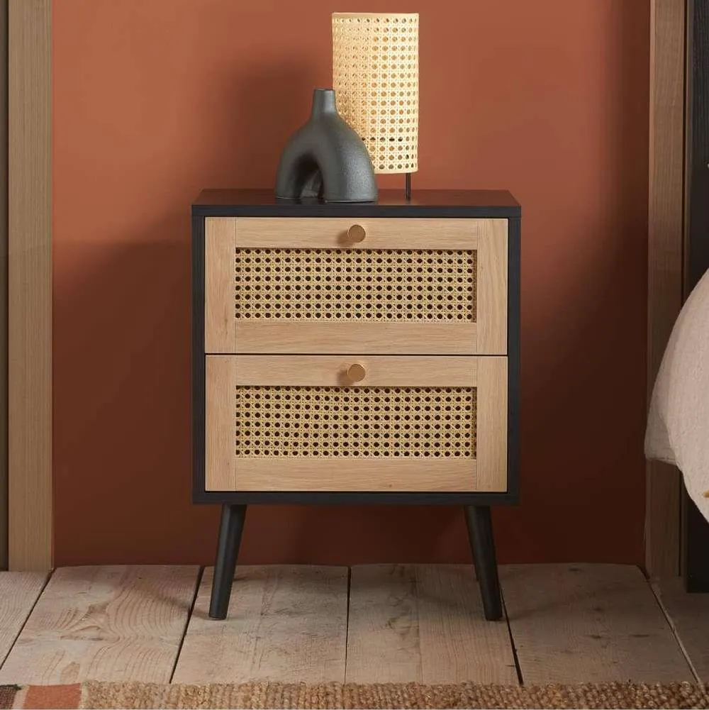 Birlea Pair of Bedside 2 Drawer Cabinet Rattan Croxley Side Table Black 4