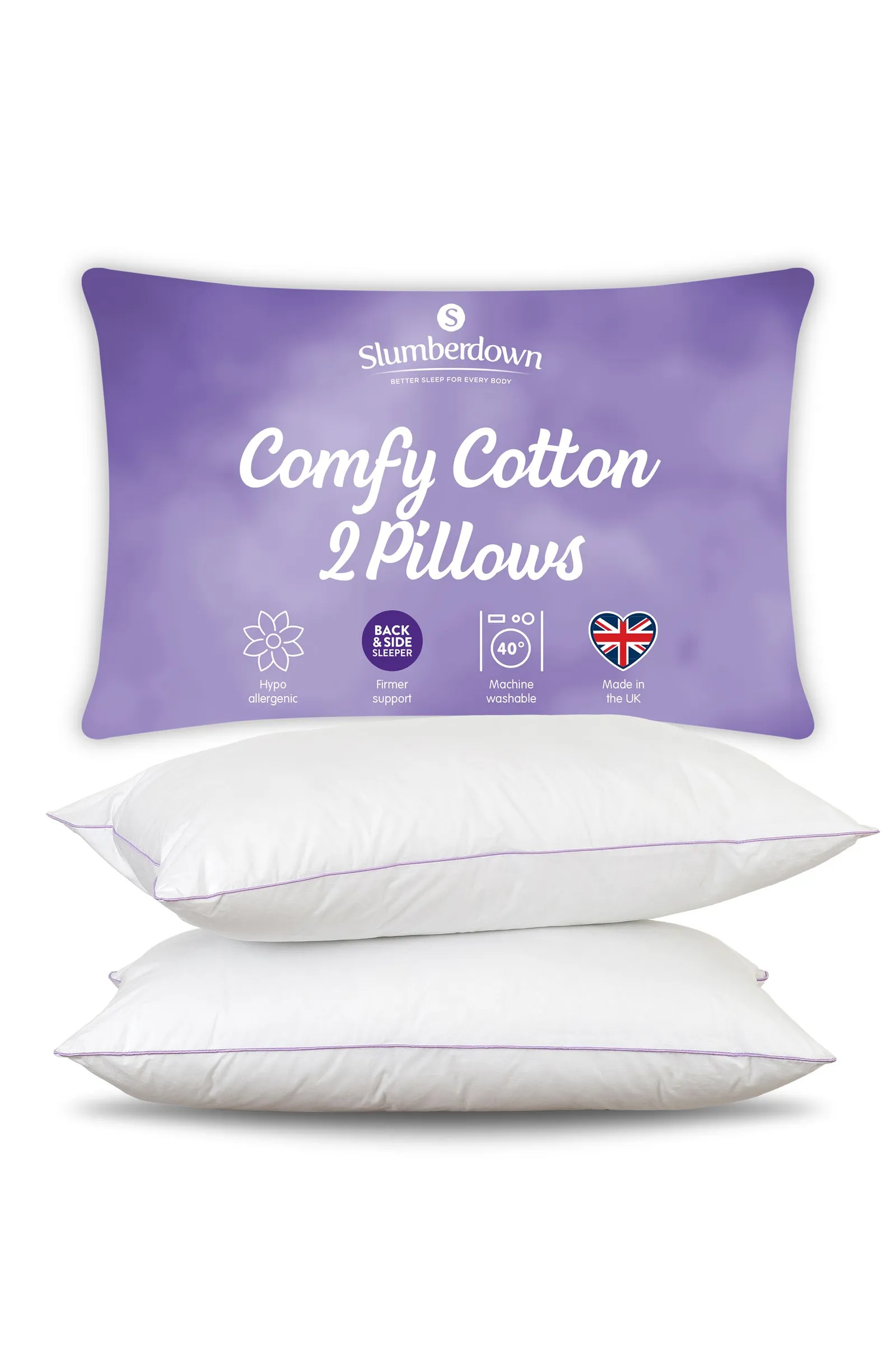 Slumberdown Comfy Cotton Pillow, Firm Support, 2 Pack in White