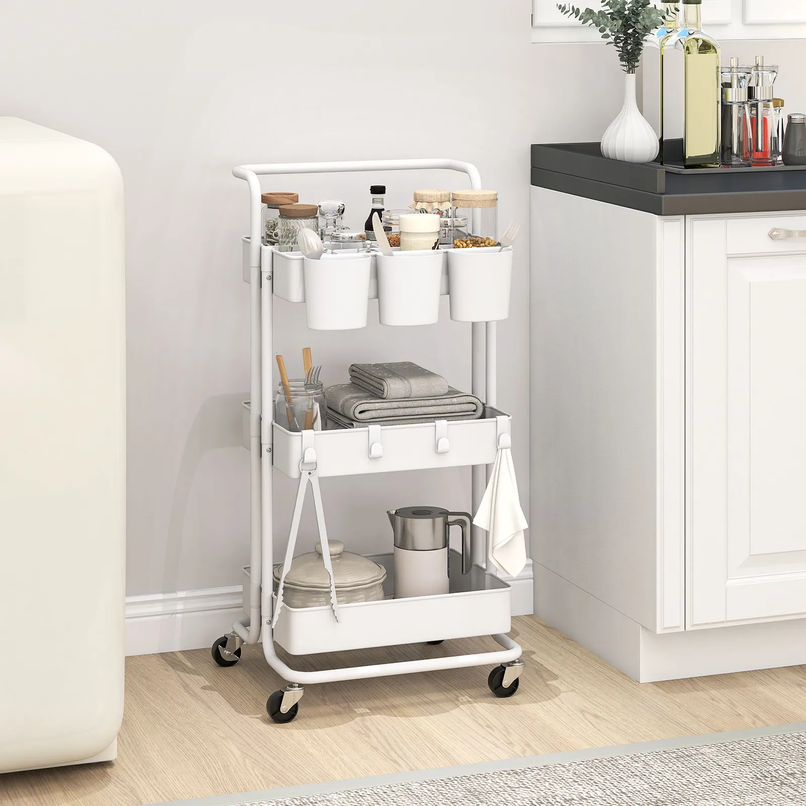 HOMCOM 3-Tier Utility Cart, Rolling Serving Trolley with Baskets, White