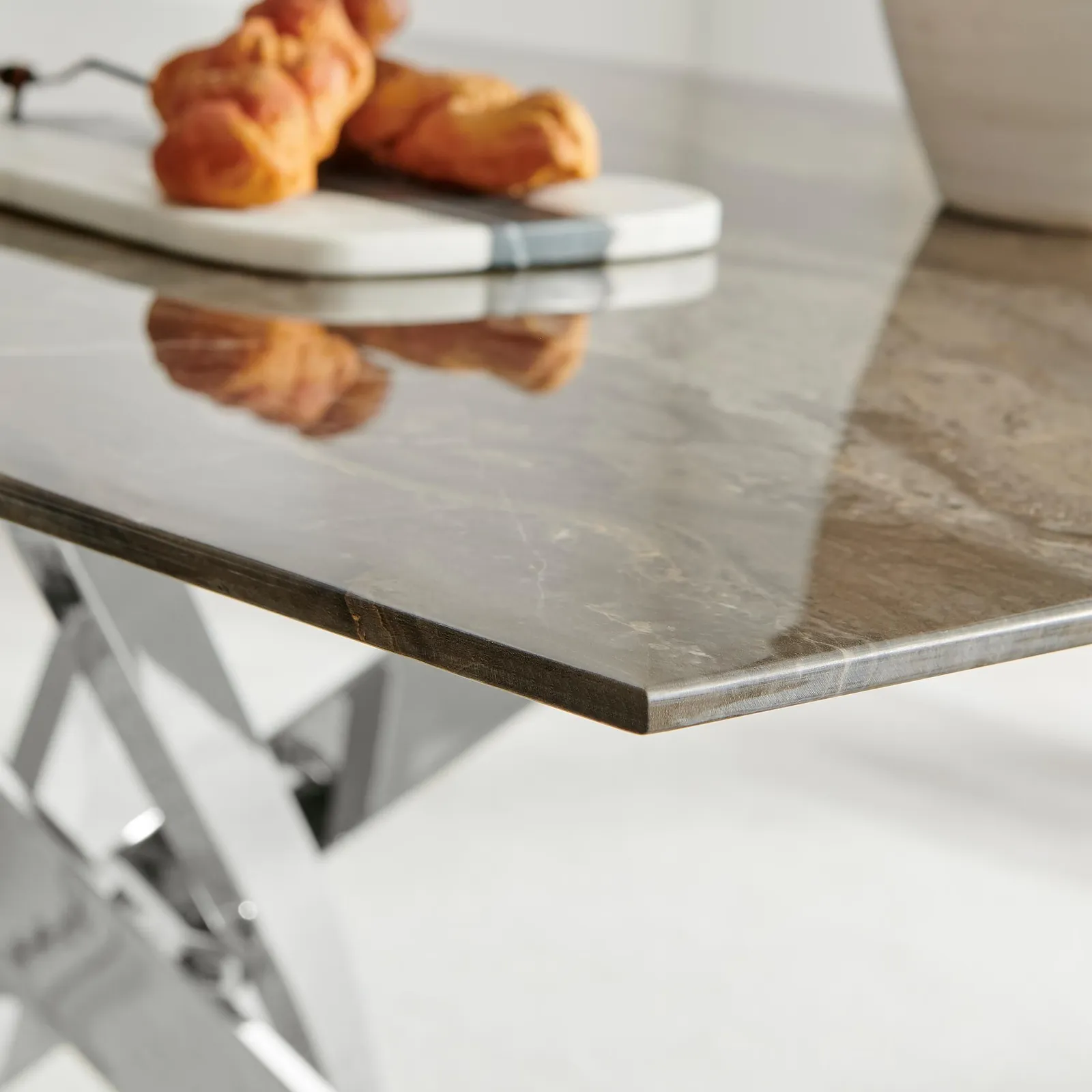 FurnitureboxUK Leonardo 6-Seater Dining Table With Marble Effect Glass Top & Silver Metal Legs in Dark Brown 4