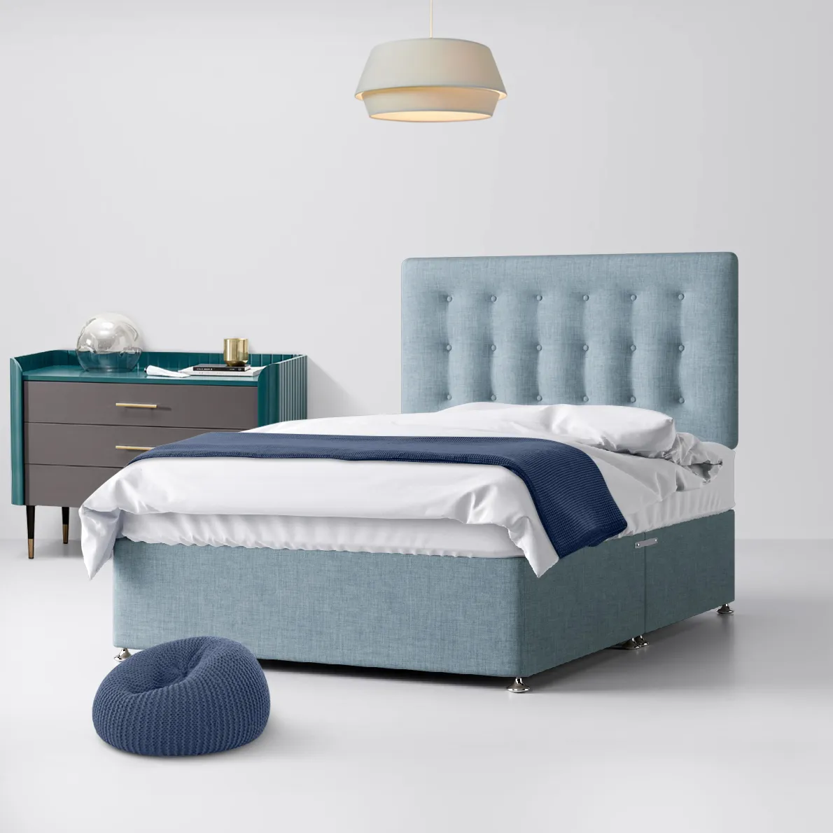 Cornell Buttoned Duck Egg Blue Fabric No Drawer Divan Bed - 4ft Small Double