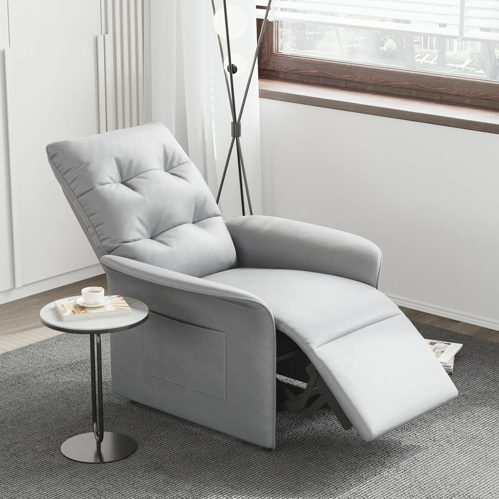 Modern Gray Leather Power Recliner High Back Sleeper Chair with Side Pocket