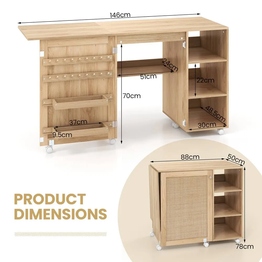 Costway Folding Sewing Table Sewing Machine Craft Station w/18 Pegs&2 Bins in Natural 2