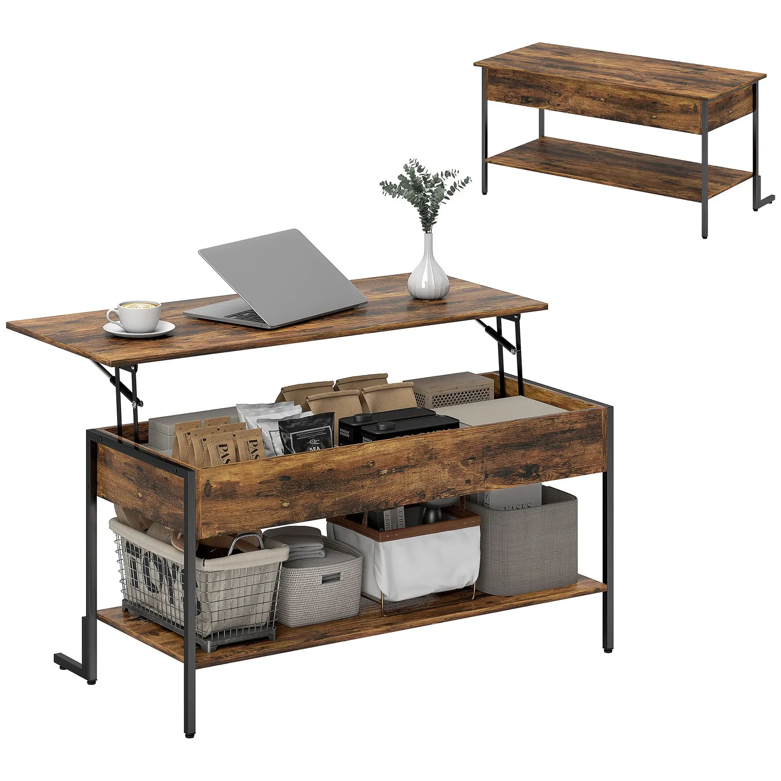 HOMCOM Industrial Lift Top Coffee Table with Storage Shelf Rustic Brown 2