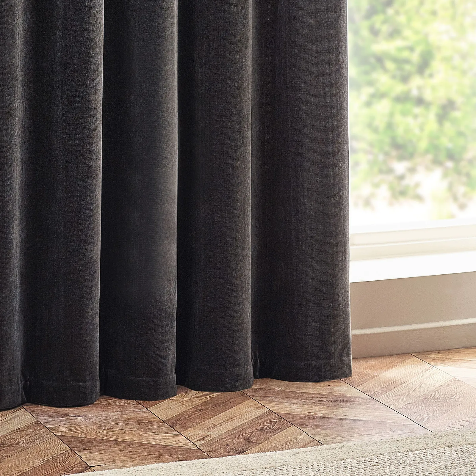 Yard Heavy Chenille Velvet Room Darkening Eyelet Curtain Pair in Charcoal 4