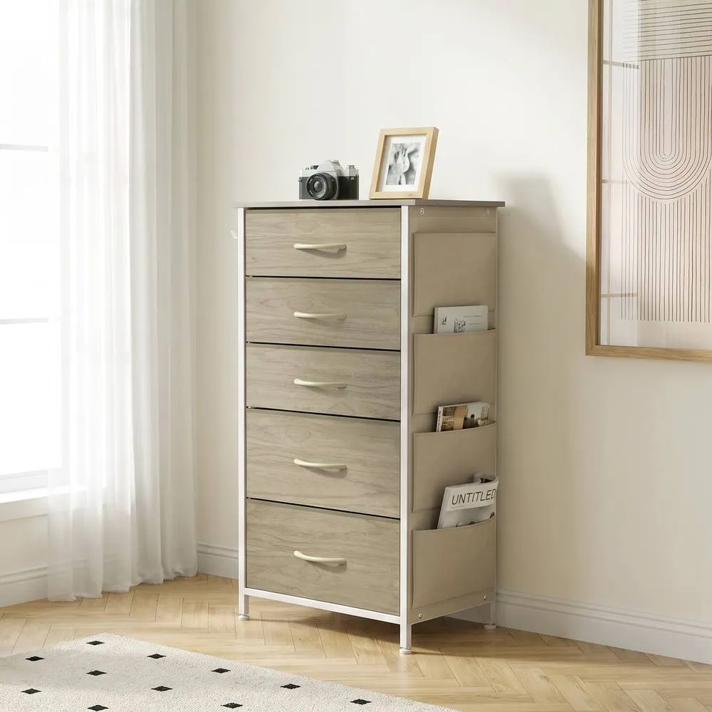 HOMCOM Fabric Chest of Drawers, 5 Drawer Dresser for Bedroom, Natural Wood 2