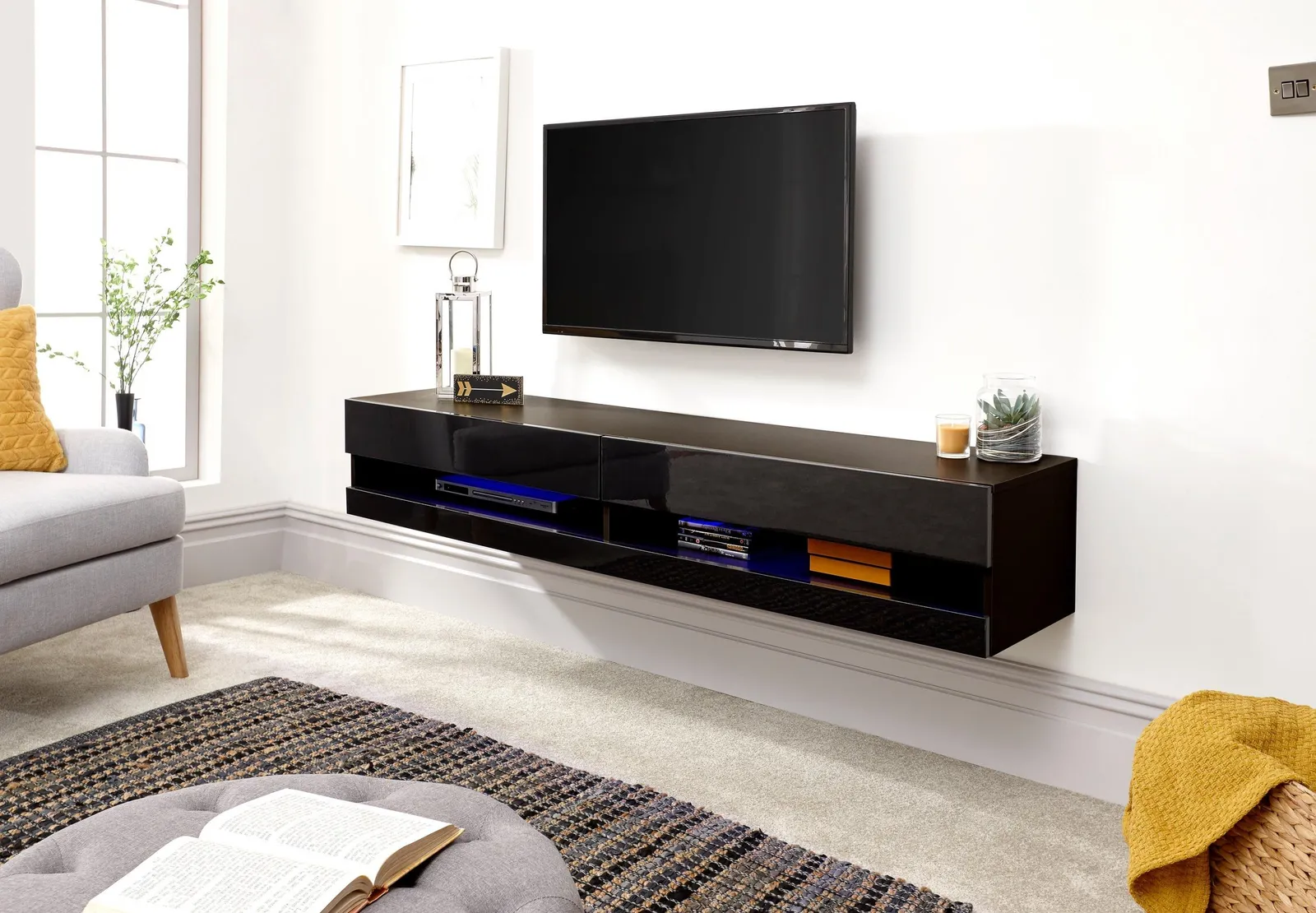 GFW Galicia 150cm Wall TV Unit with LED in Black