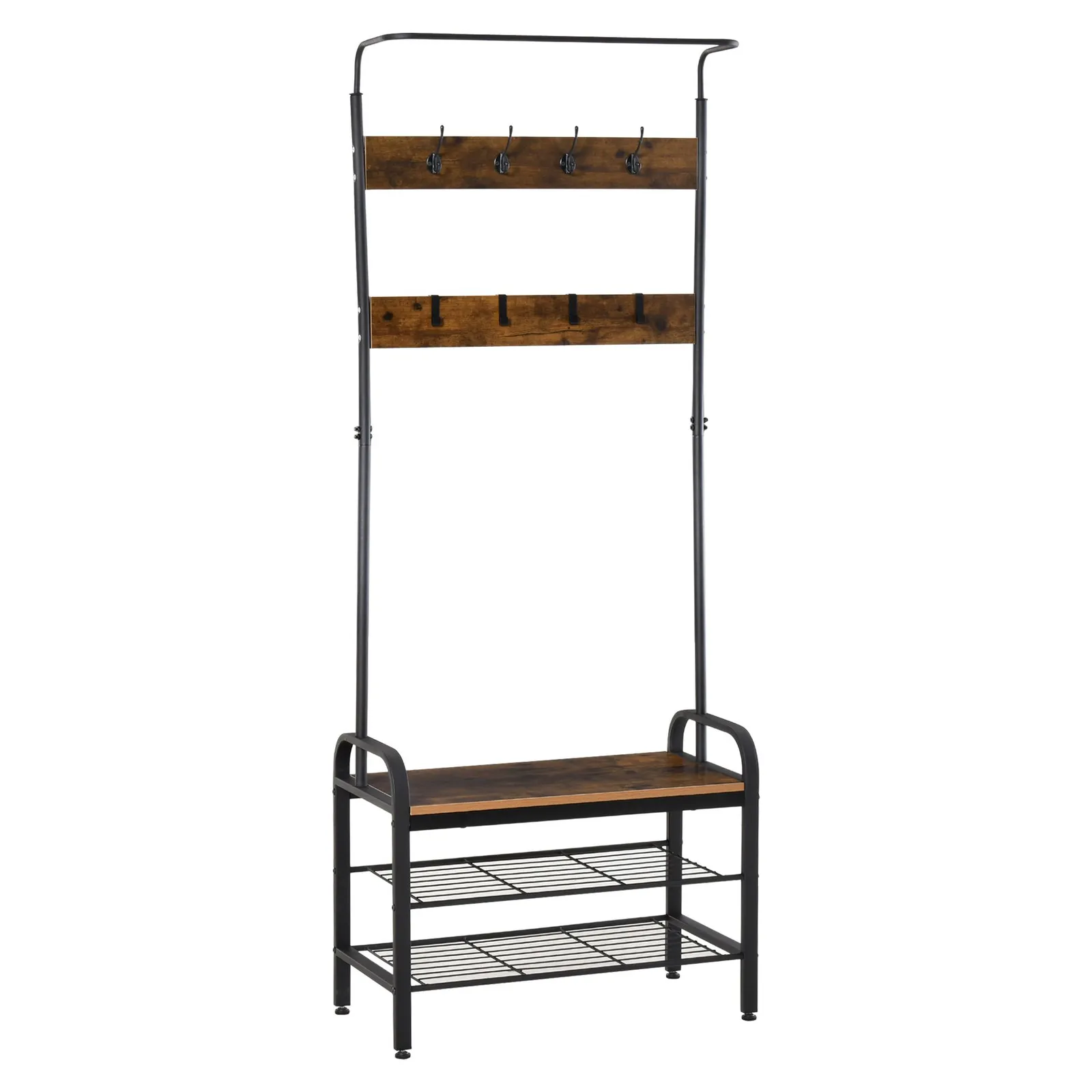 HOMCOM Industrial Coat Rack Stand Shoe Bench 8 Hooks Storage Cabinet in Brown 2