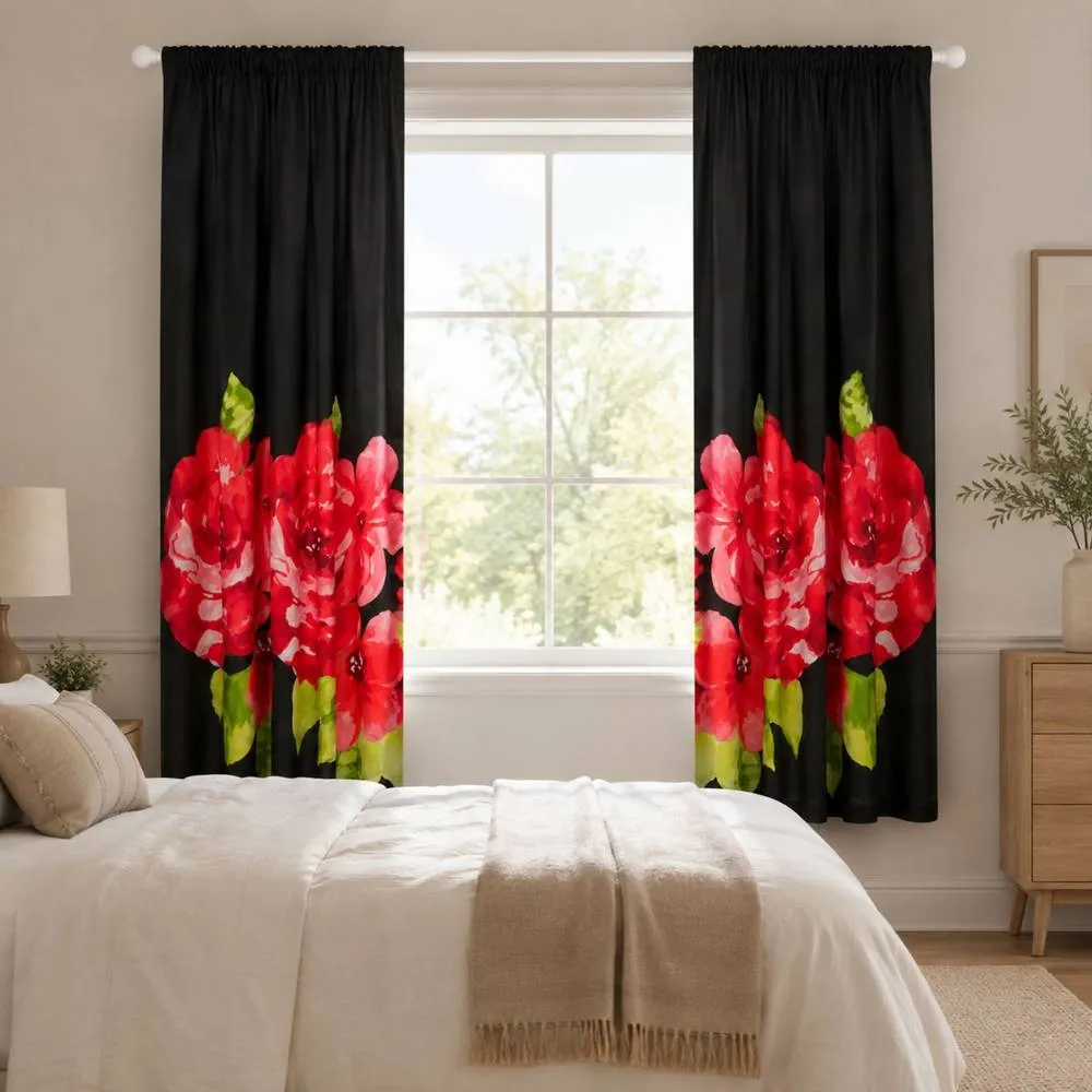 Smart Living Grace Floral Curtains Pair with Tie Backs - Large Flower Print in Black 2