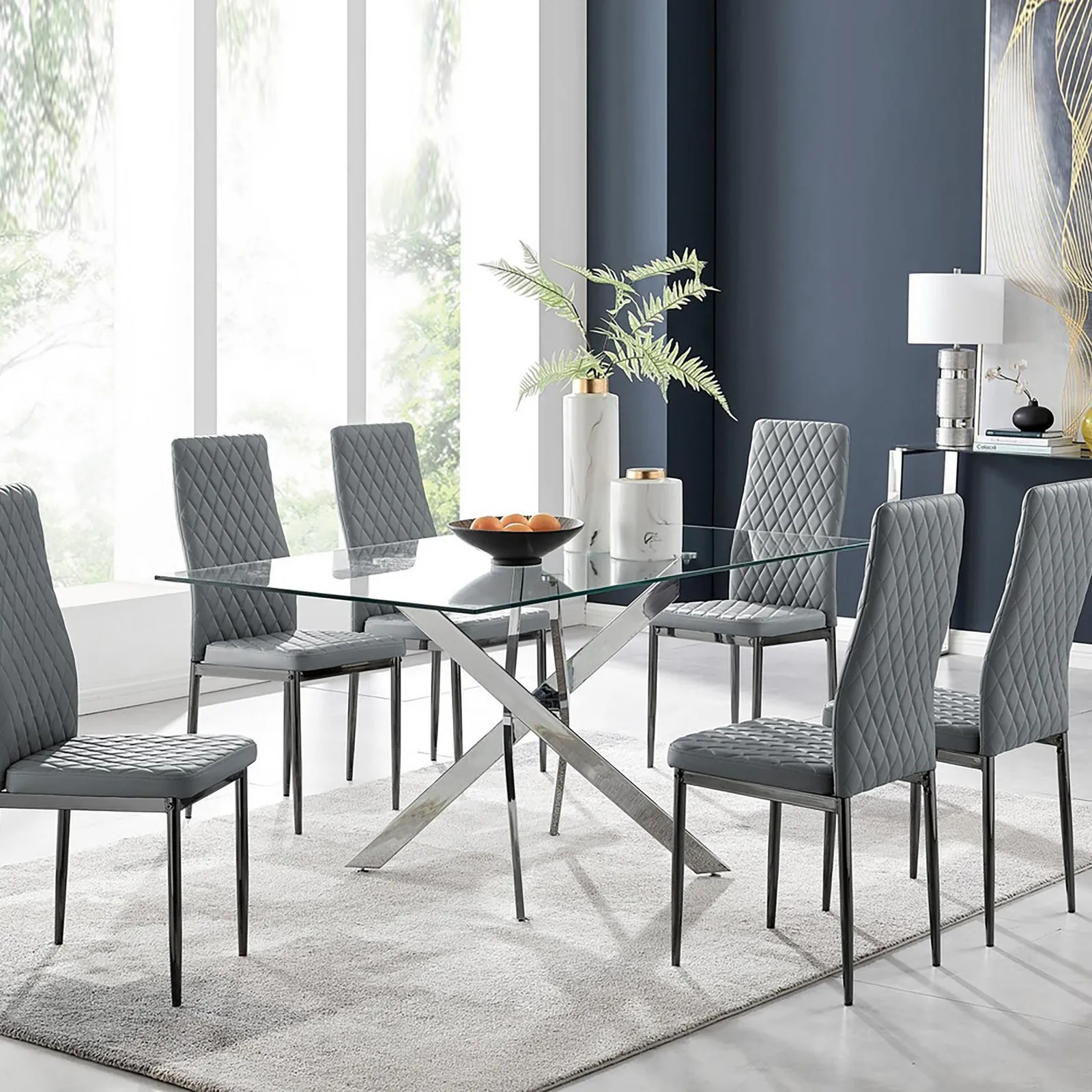 FurnitureboxUK Leonardo Glass & Chrome Metal Dining Table & 6 Milan Chairs Dining Set in Grey 1