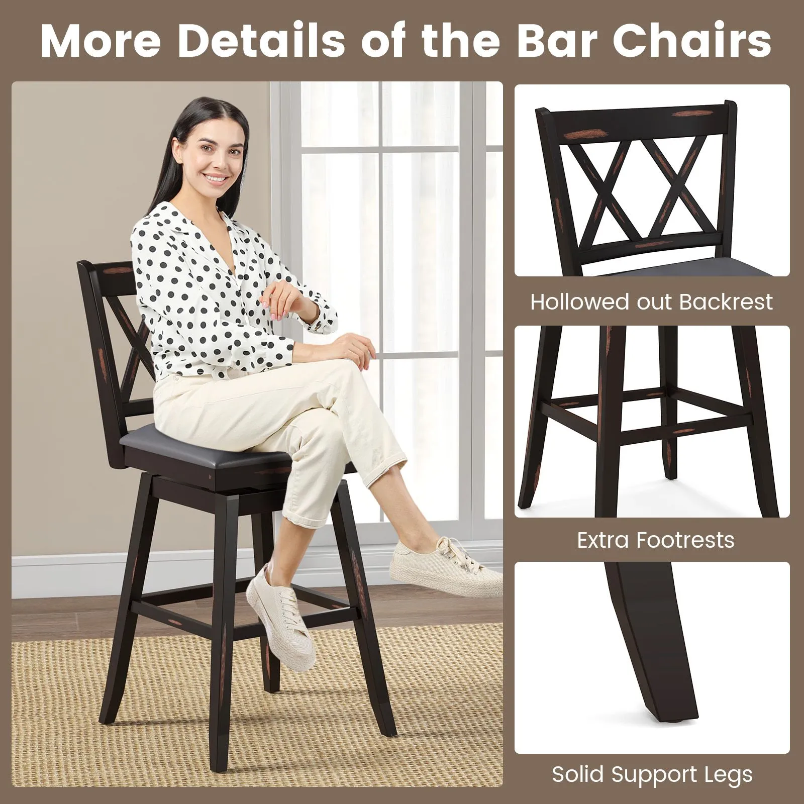 Costway Set of 2 Bar Stools Counter Height Chair Pub 360 °Swiveling Upholstered Seat 29" 4