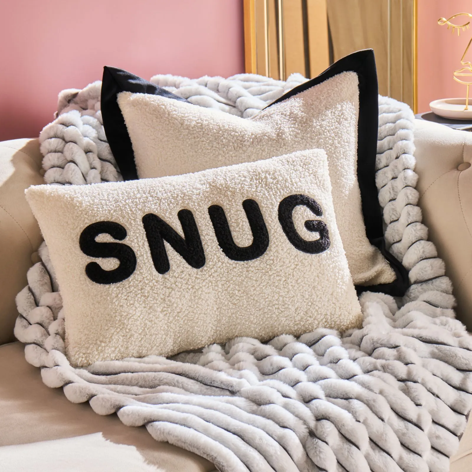 OHS Snug Slogan Soft Boucle Cushion Decorative Scatter Pillow, Monochrome in Cream