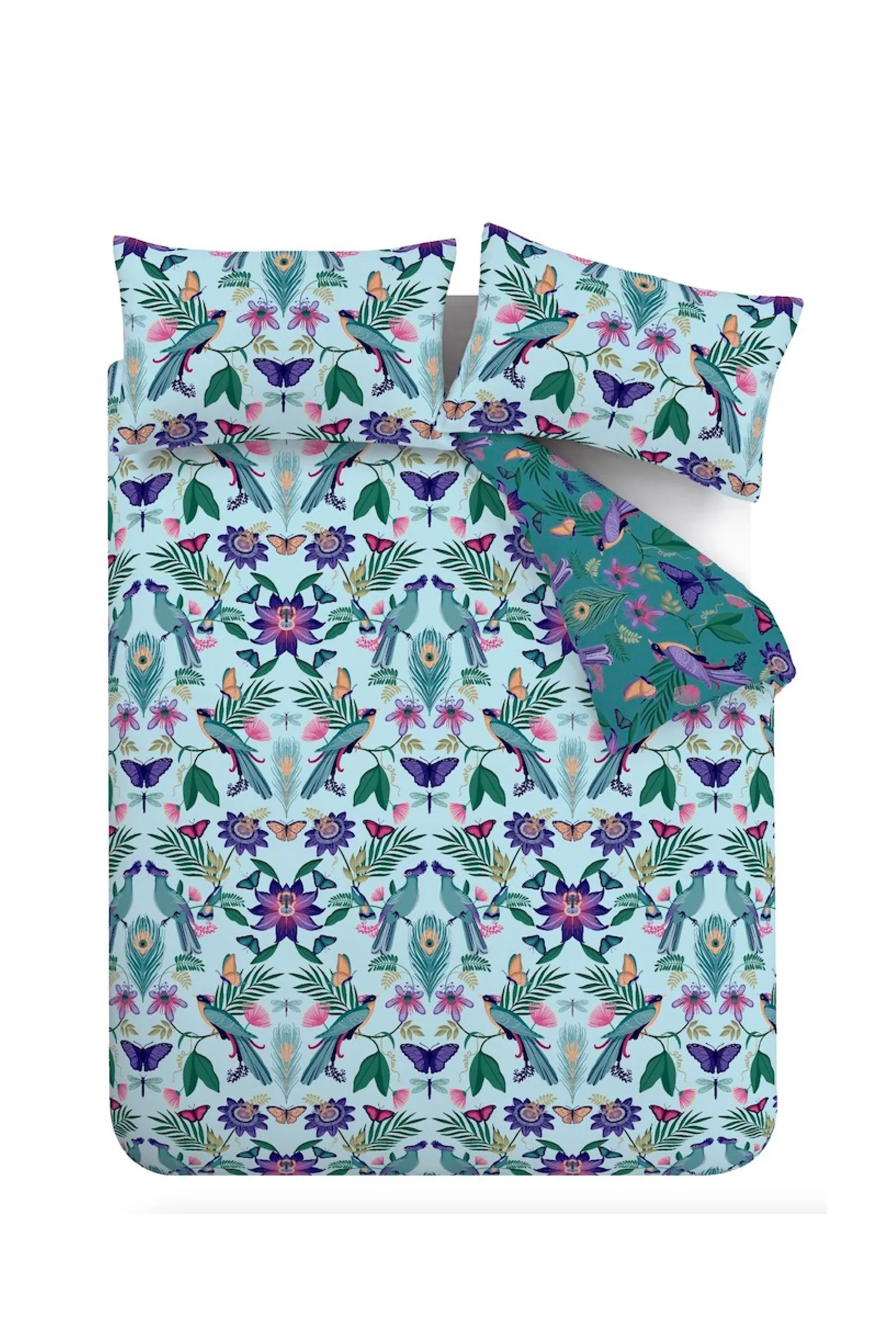Catherine Lansfield 'Mya Tropical Floral' Reversible Duvet Cover Set in Duck Egg Blue 5