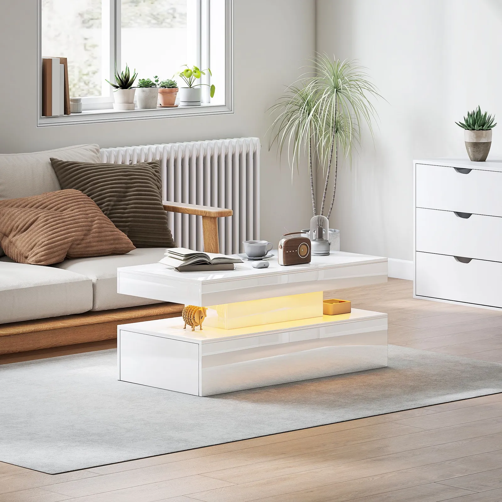 HOMCOM LED Coffee Table with Storage, High Gloss Living Room Table, White