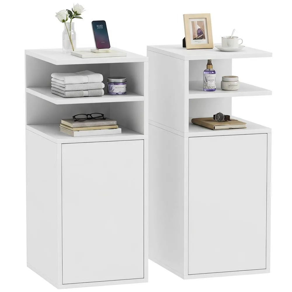 HOMCOM Slim Bedside Table Set of 2 with Open Cubbies & Cupboard in White 2