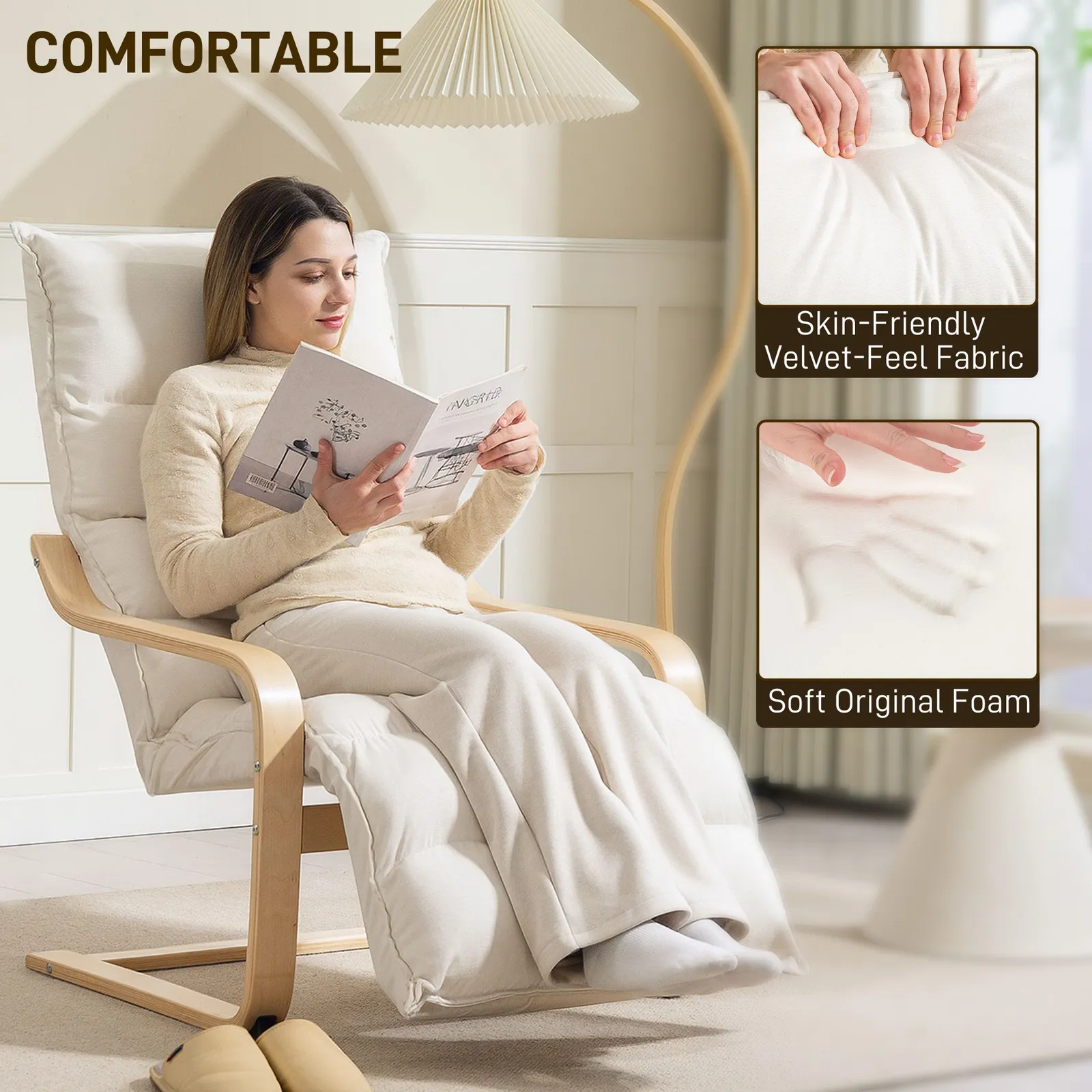 HOMCOM Birch Wood Lounge Chair for Living Room, Bedroom in Cream 4