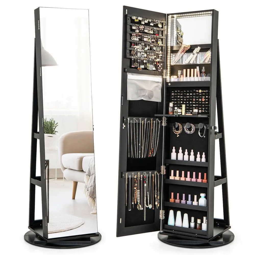 Costway Rotating Jewelry Armoire Freestanding Jewelry Cabinet with Full Length Mirror in Black