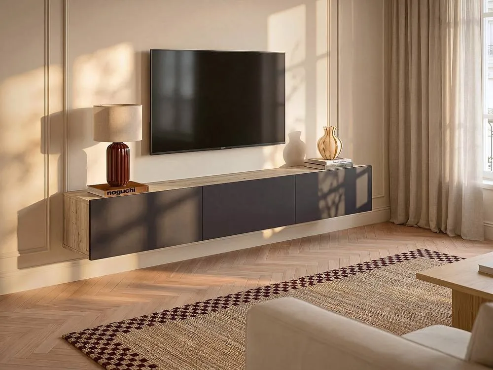 Vente-unique Wall - Mounted TV Unit With 3 Doors - Anthracite & Light Natural in Grey 3