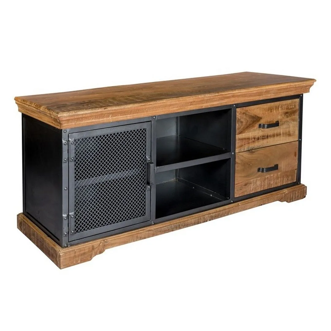 Indian Hub Metropolis Industrial TV Media Unit - Metal/Acacia Solid Wood - L45 x W140 x H60 cm in Brown