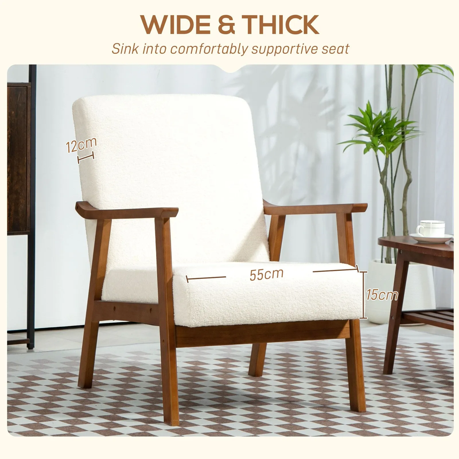 HOMCOM Boucle Accent Chair Armchair W/ Wide Seat for Living Room Bedroom in White 4