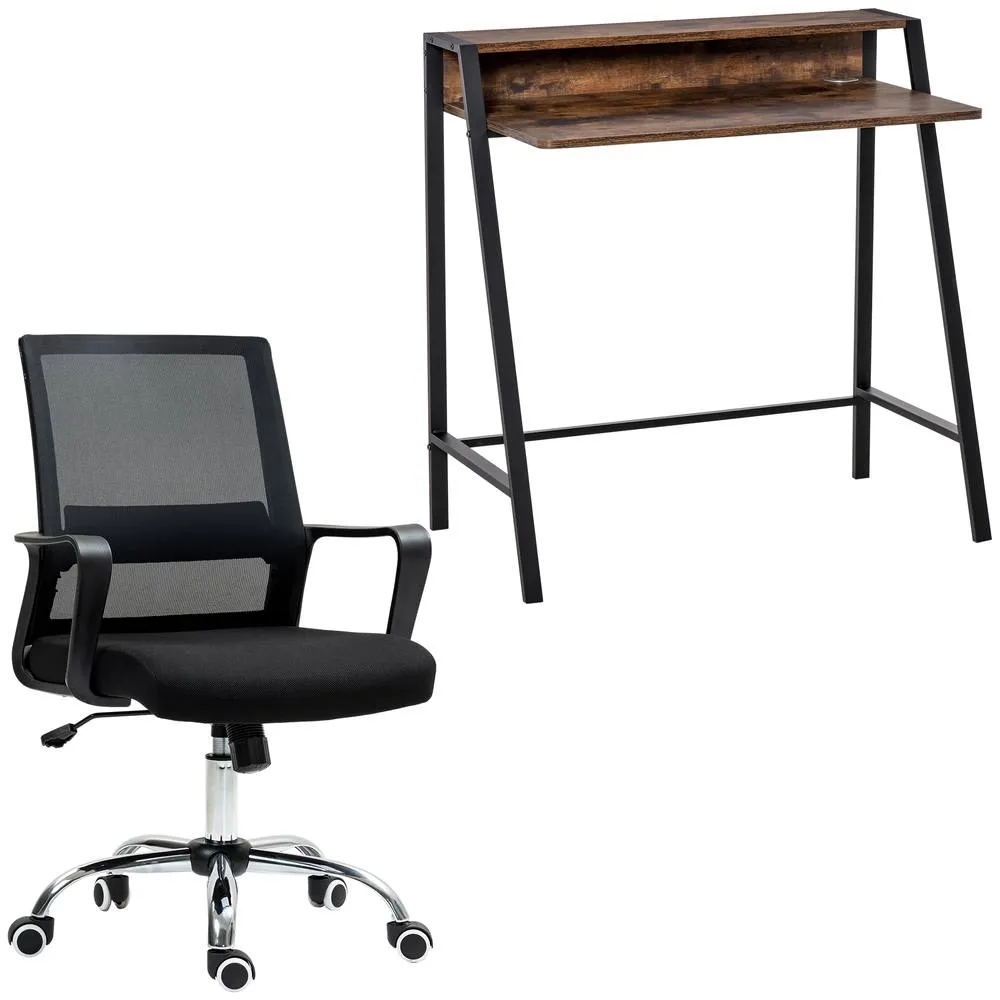HOMCOM Mesh Chair & Study Desk with Storage Shelf, Rustic Brown & Grey 2