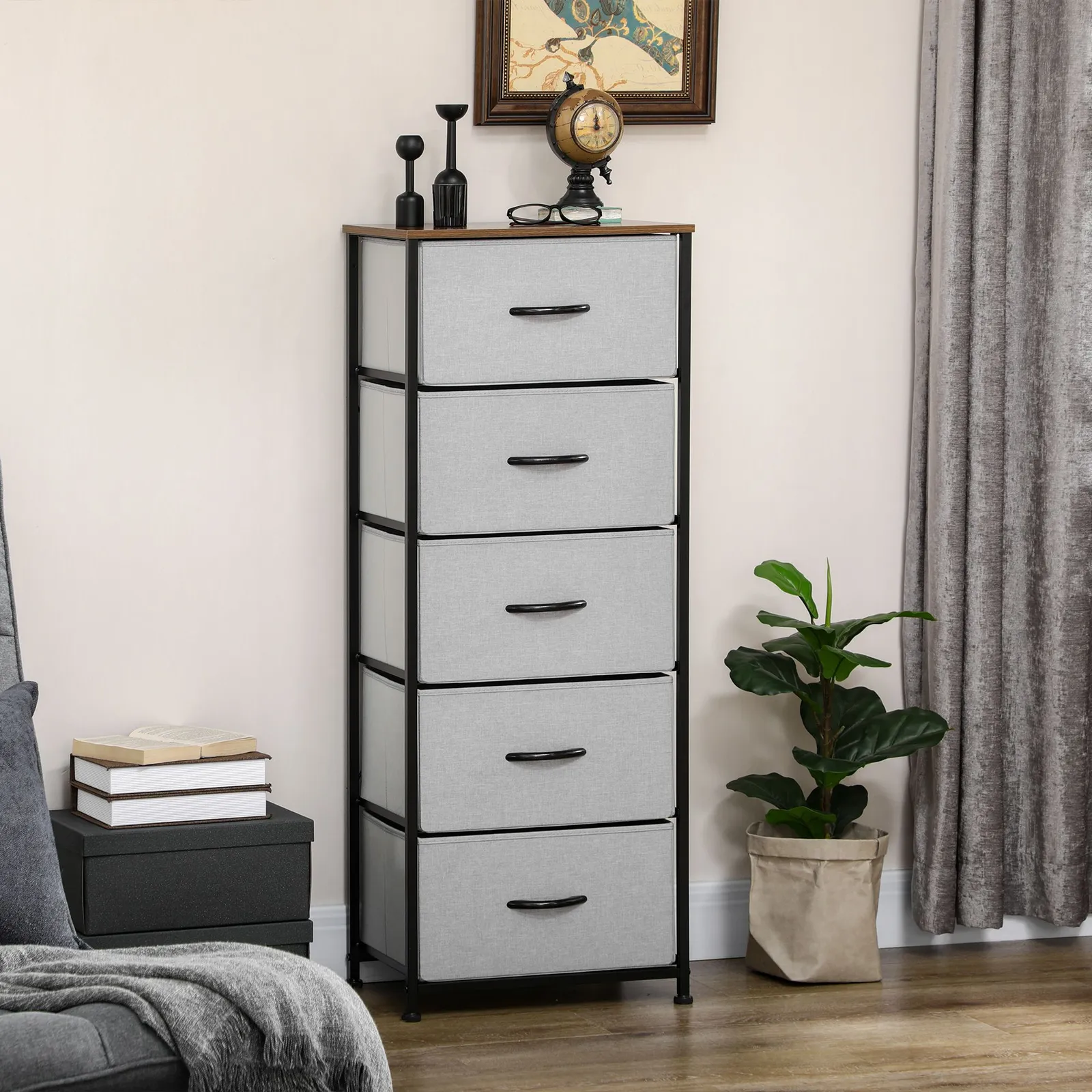 HOMCOM Chest of Drawers Cloth Organizer with 5 Fabric Drawers Steel Frame in Grey