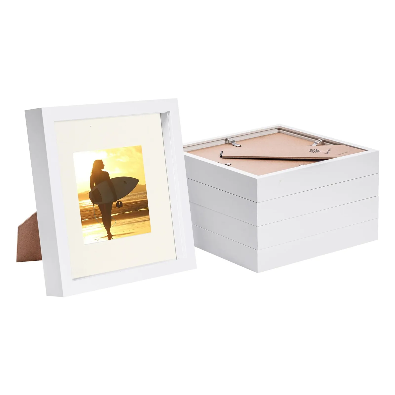 Nicola Spring 8" x 8" White 3D Box Photo Frames - 4" x 4" Mount - Pack of 5 in Ivory