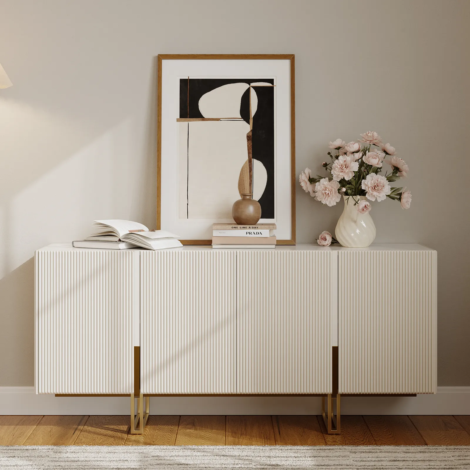 Grovyn 120 cm Buffet Sideboard Sintered Stone Top White Fluted with Adjustable Shelves