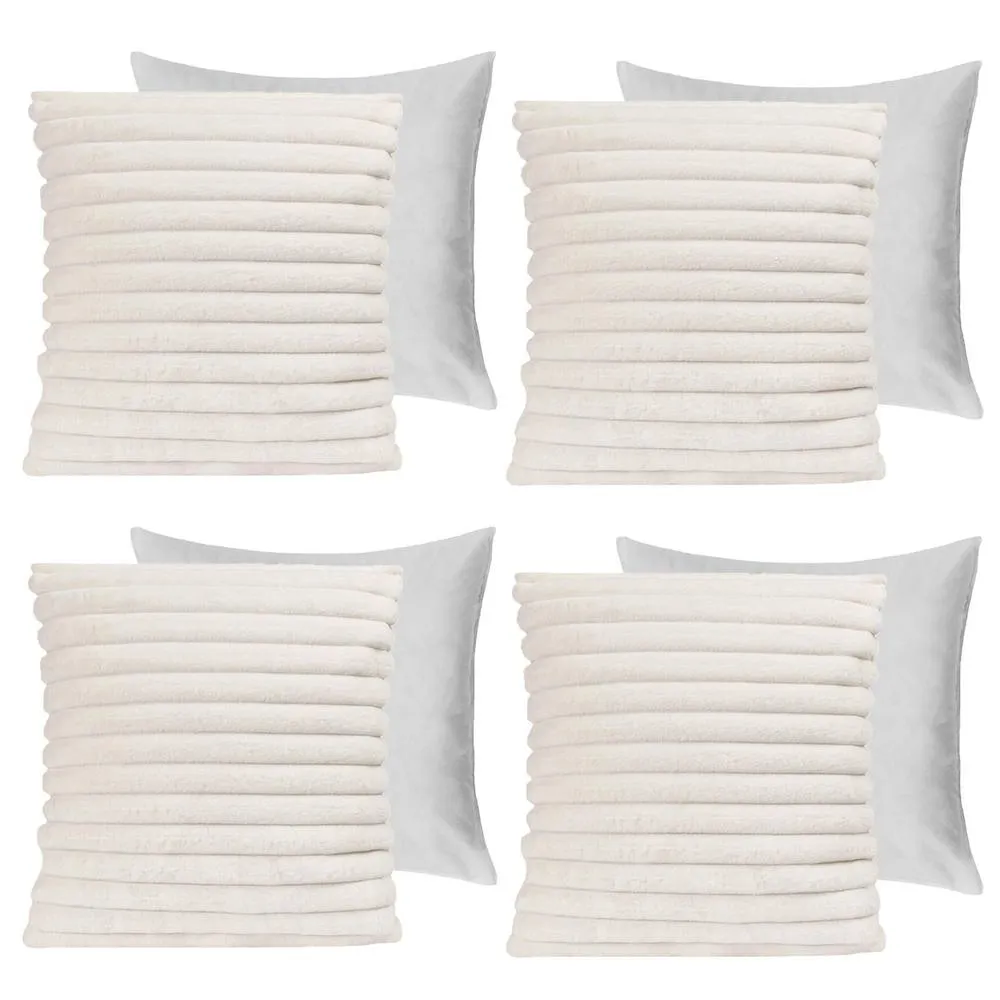 OHS 4 x Faux Fur Thick Rib Filled Cushion Covers in White