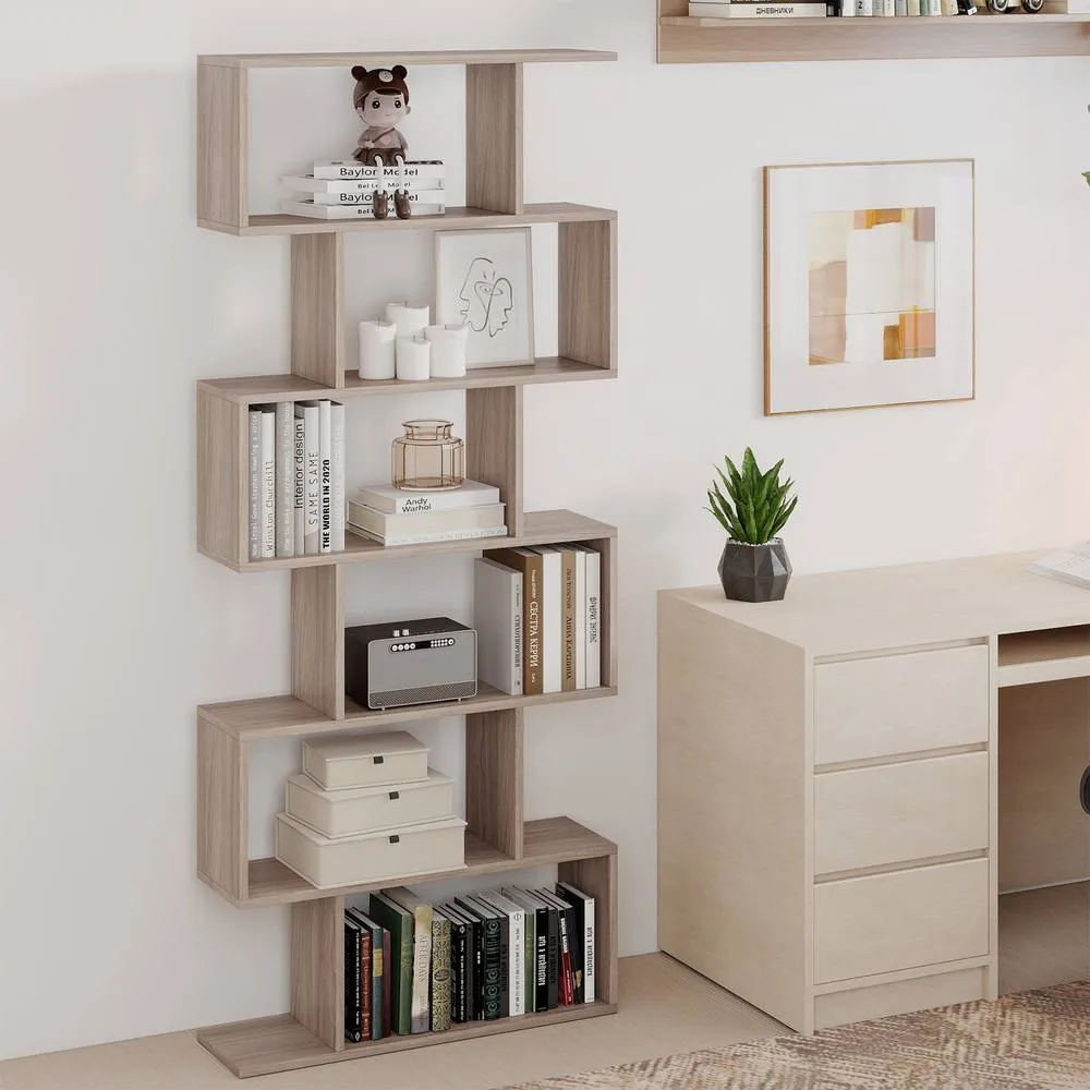 Costway 6-tier Bookcase S-Shaped Bookshelf Wooden Storage Display Rack in Light Oak 4